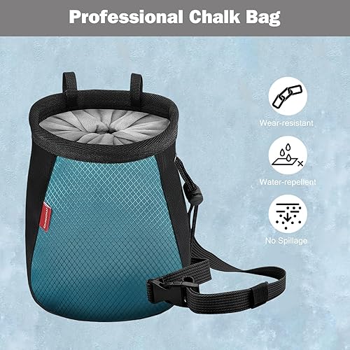 Miniatura 2 de MoKo Bolsa de tiza de escalada con cepillo de tiza, bolsa de tiza de nailon impermeable con 2 grandes bolsillos de almacenamiento con cremallera con