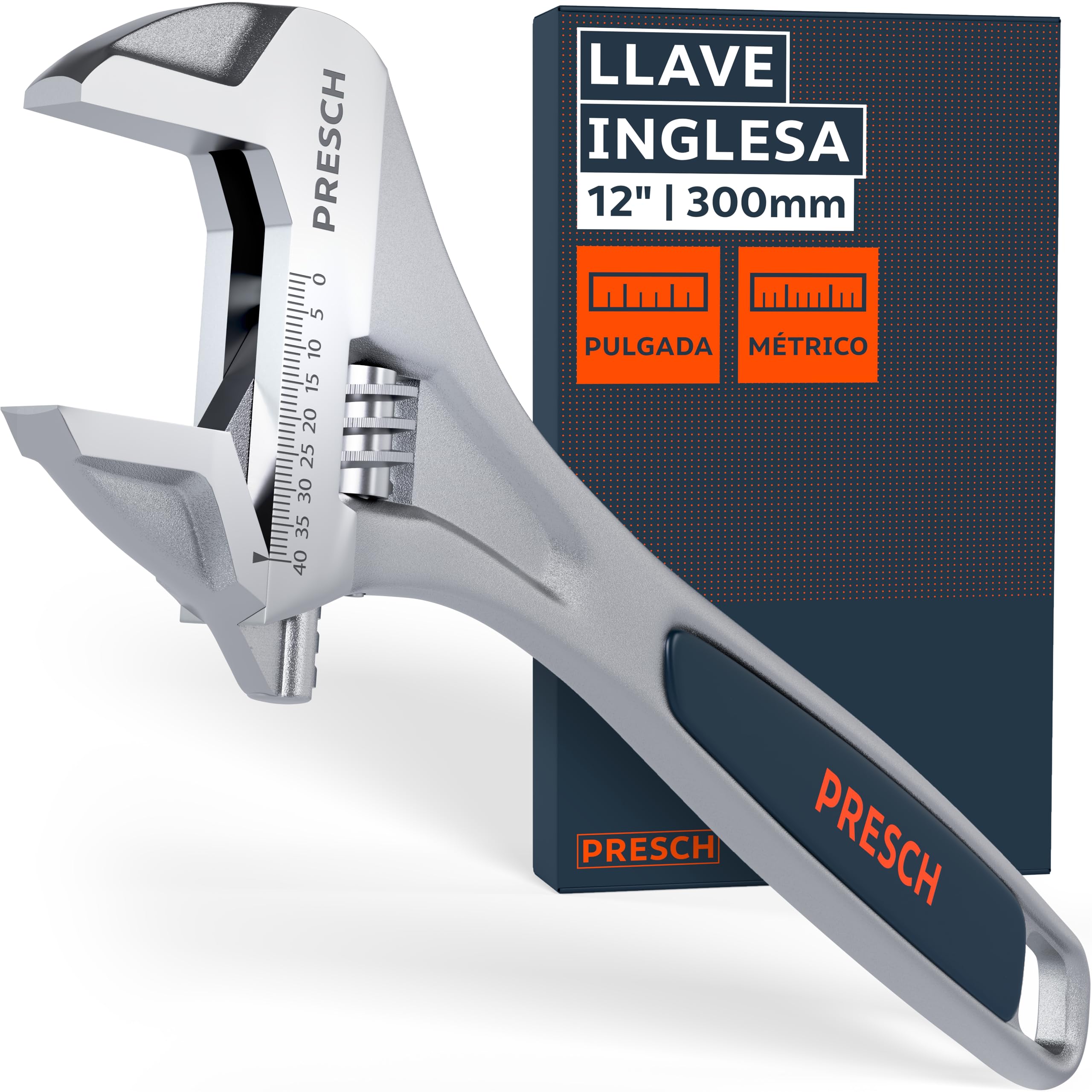 PRESCH Llave ajustable 300mm - Escala grabada con láser de 40mm (métrica y pulgadas) - Fresado de precisión para un agarre óptimo - Llave inglesa robusta - Herramienta de alta gama