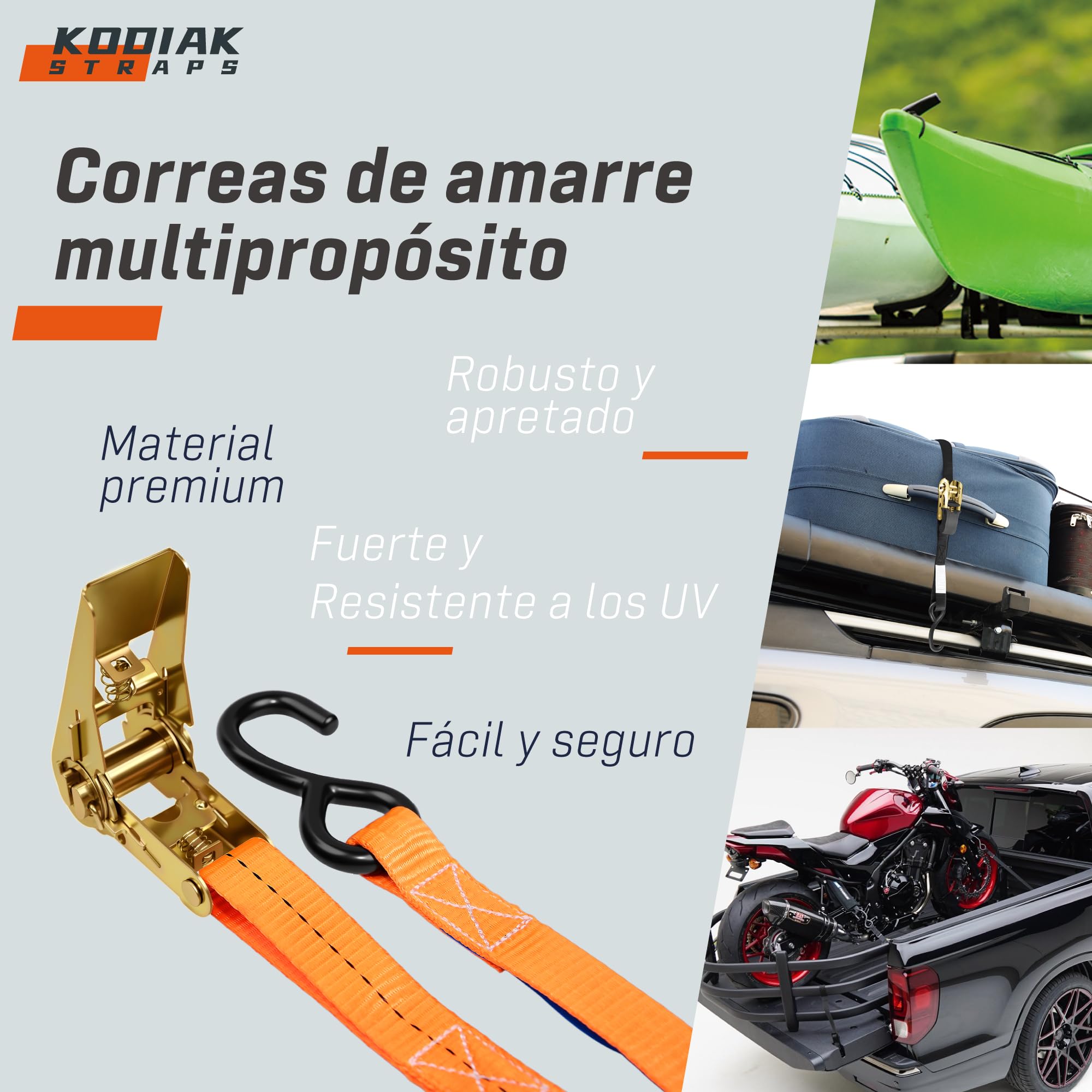 10 Correas Trinquete Gancho S 4m 25mm 800kg TÜV/GS Carga Segura