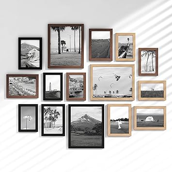 15 Pack Picture Frames Collage Wall Decor, Gallery Frame Set for Wall Mounting or Tabletop Display, Multi Sizes Including 3pcs 8x10, 6pcs 5x7, 6pcs 4x6, Black+Oak+Walnut