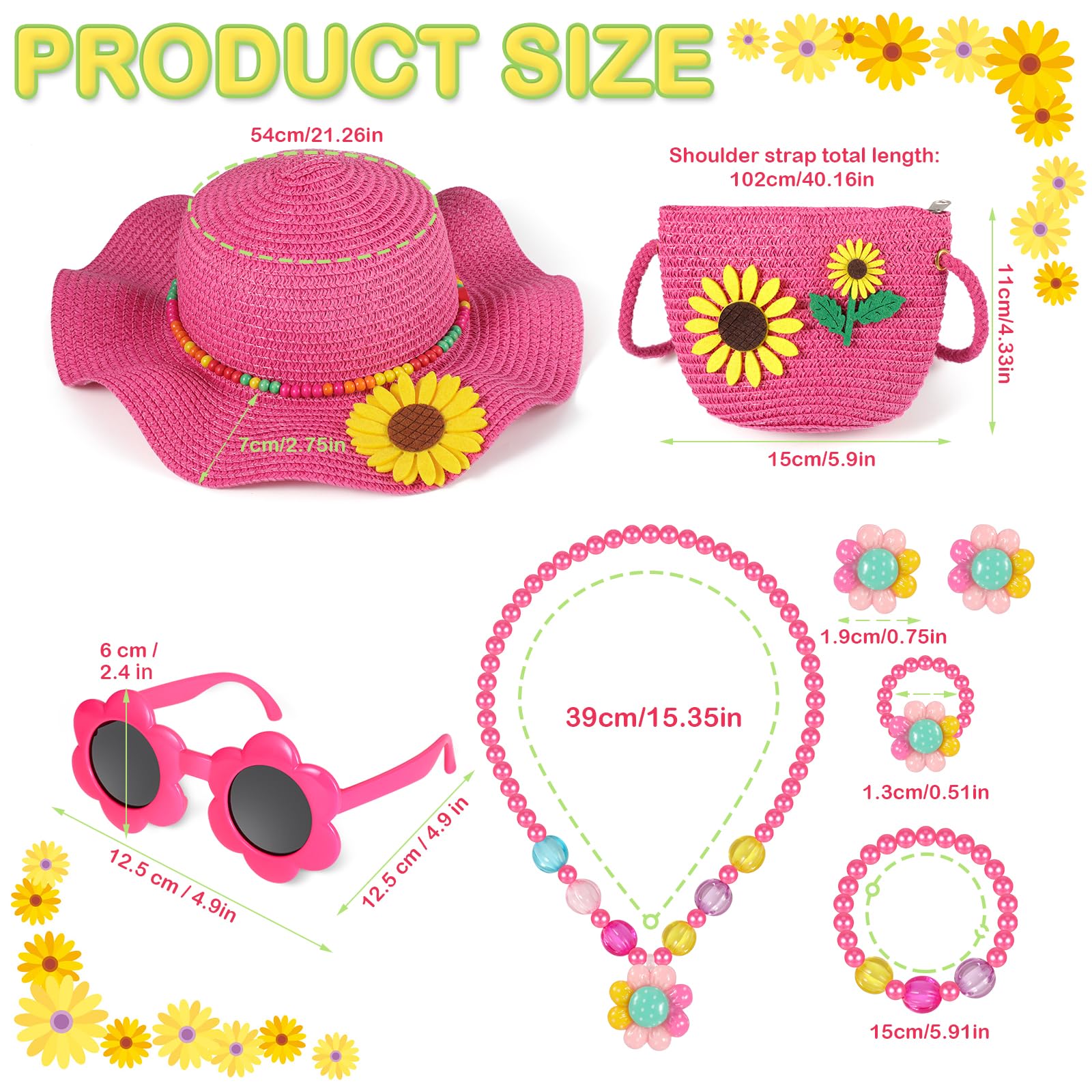 Sonnenhut Kinder Stroh Tasche, Mädchen Strohhut Set mit Kinderschmuck Sonnenbrille, Sommerhut Umhängetasche Mädchen Strohhüte mit Blumendekoration Sommer Strandhut Sonnenhüte
