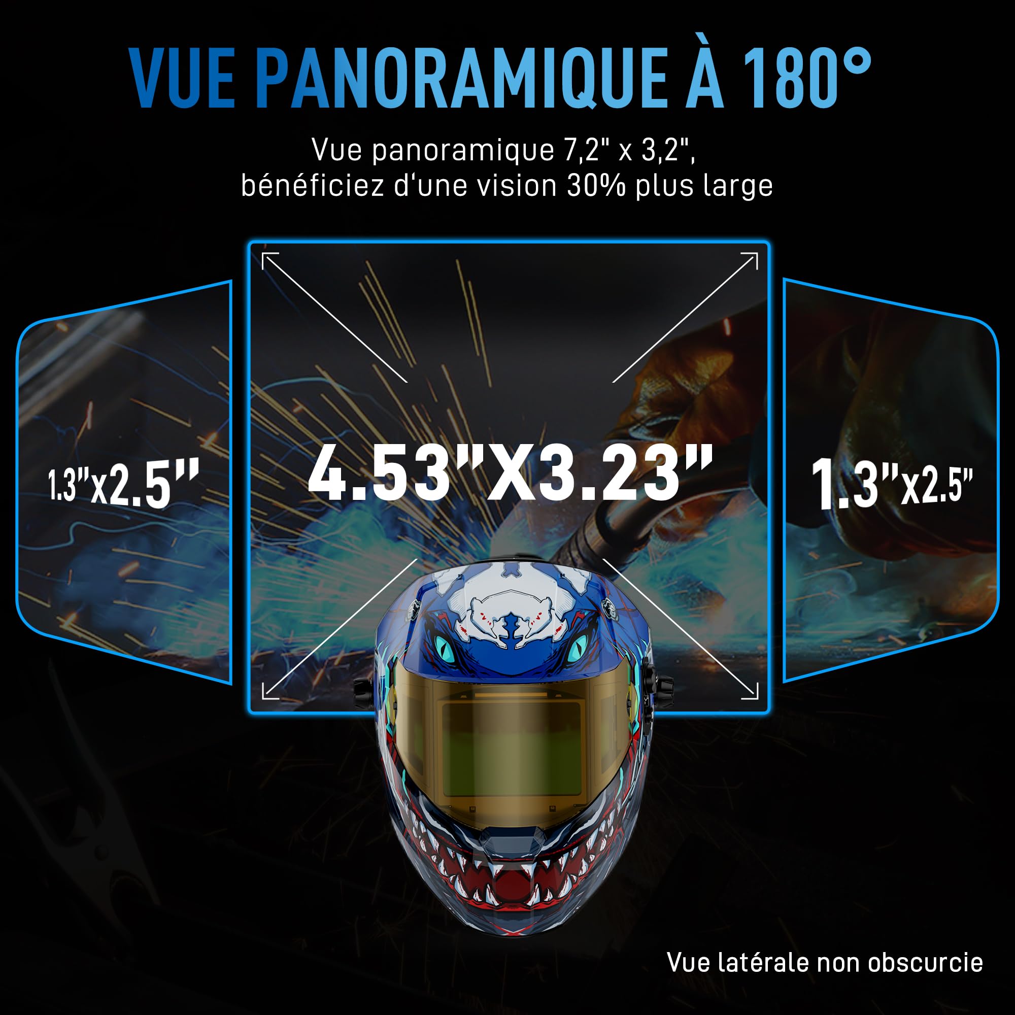ANDELI Casque de Soudage Auto-Darkening, 18,3 x 8,1cm Filtre + True Color | Cagoule Soudure Vision Panoramique 180°丨Charge Rapide USB-C丨Protection DIN16 UV/IR丨Pour MIG/MAG/TIG/ARC/Meulage/Coupe