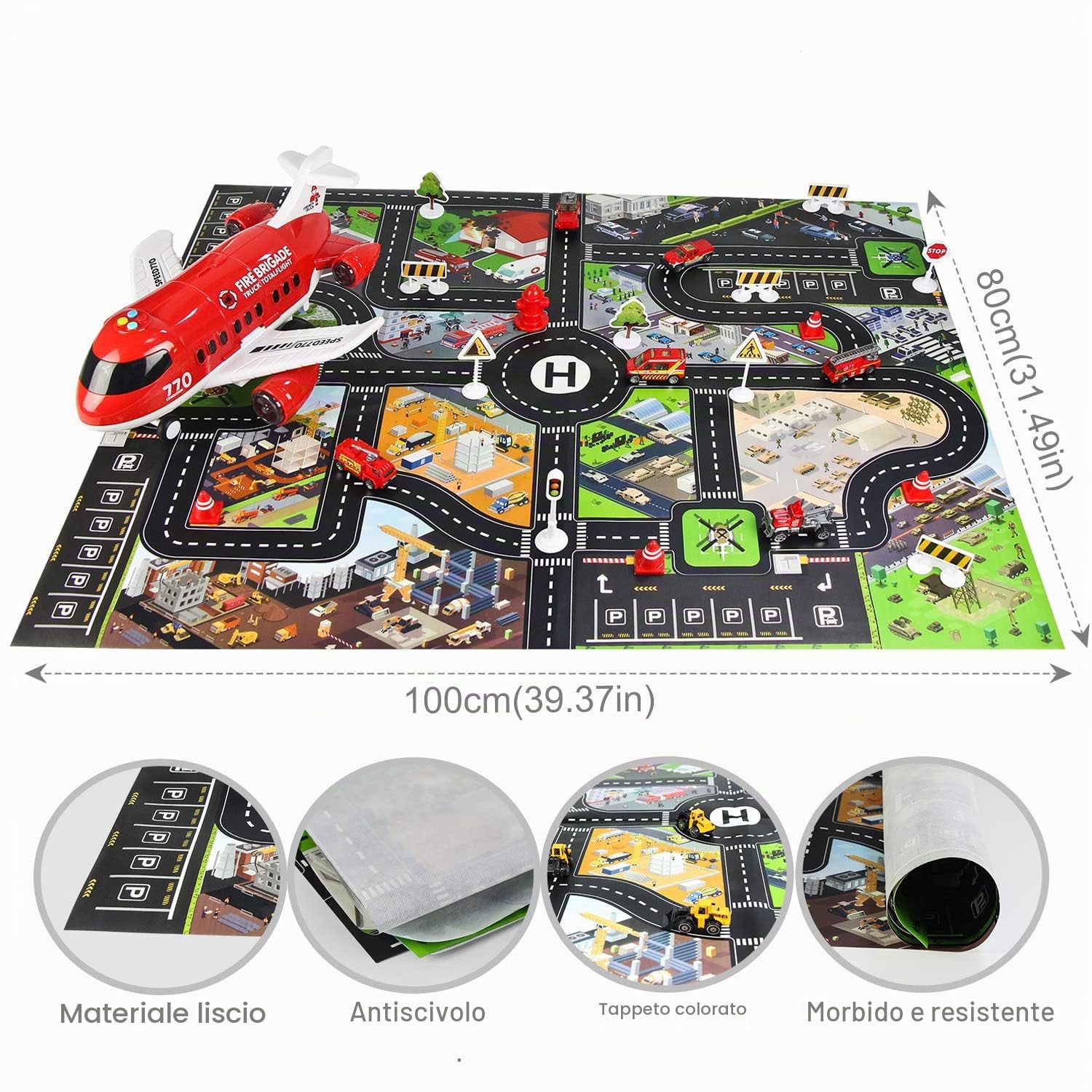 Coolplay Set di giocattoli di soccorso aereo rosso mini camion dei pompieri per bambini regalo piccolo giocattolo auto con segnali stradali per bambini 3 anni