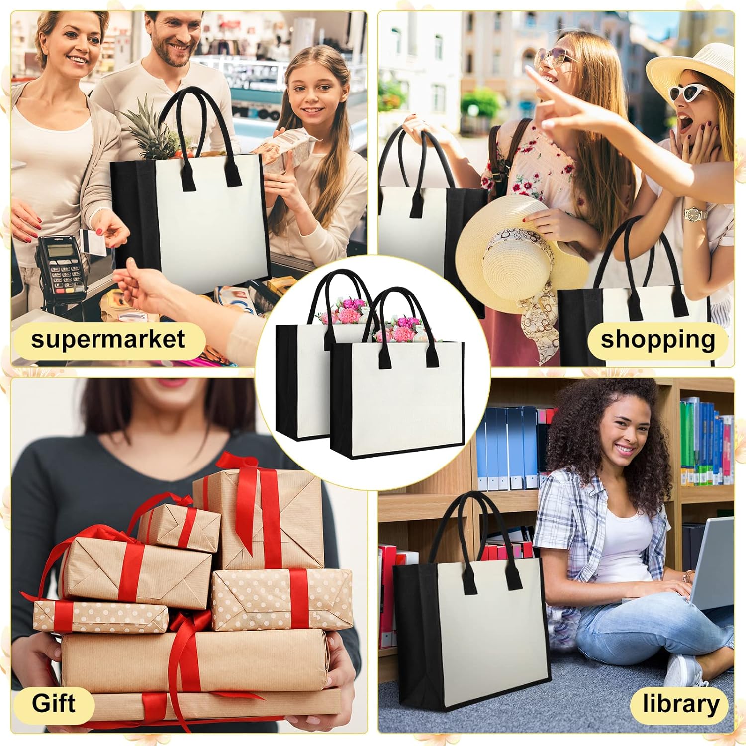Reginary 6 Pcs Bridesmaid Bags Bulk Initial Canvas Tote Bags with Handles Personalized Beach for Wedding Mother Teacher Bride Friend College DIY (Black Edge) - Image 7