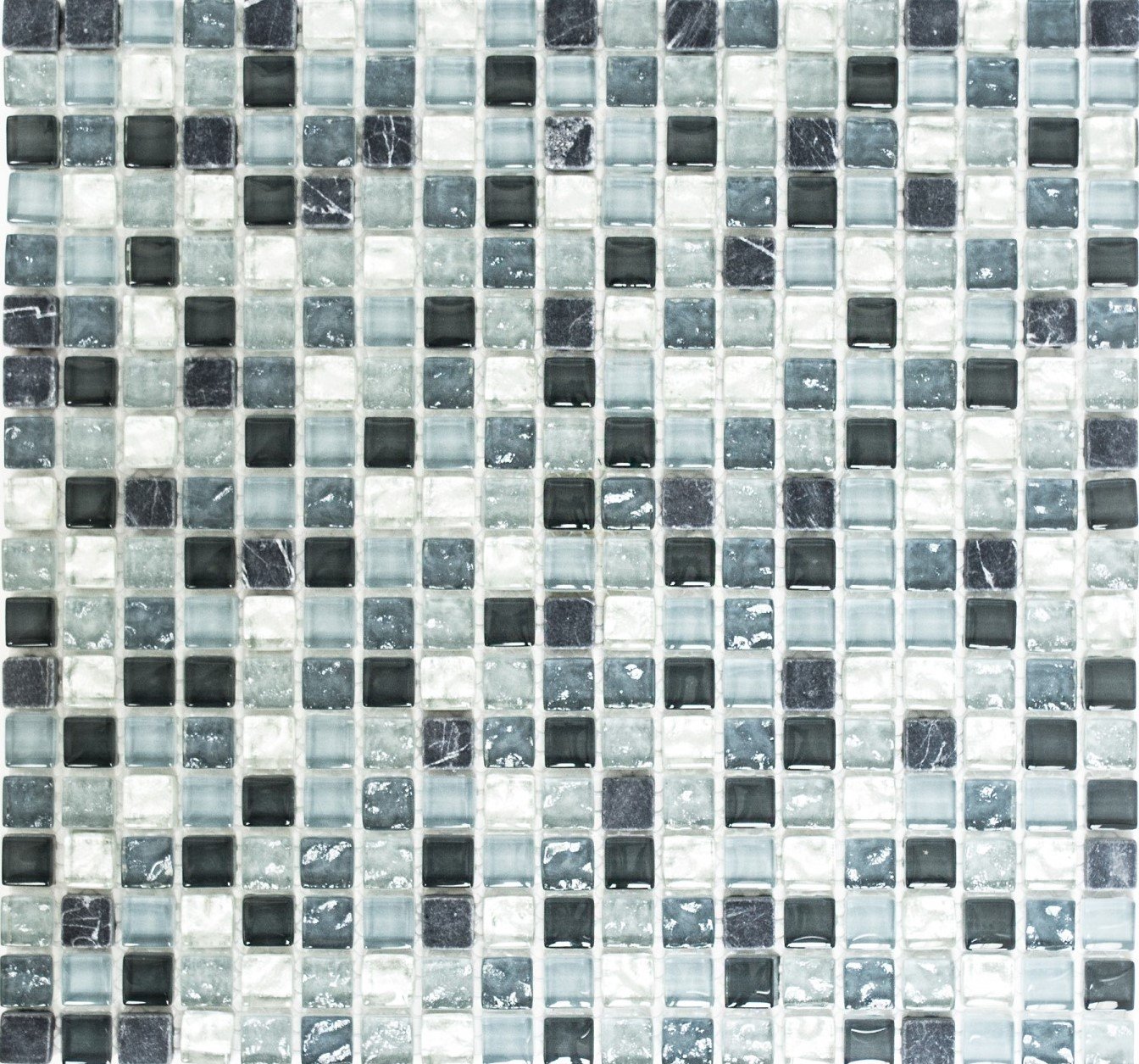 Mosaico di vetro quadrato Crystal/pietra mix trasparente/grigio/argento pietra naturale, 15 x 15 x 8 mm, dimensioni foglio: 322 x 305 mm, 10 fogli