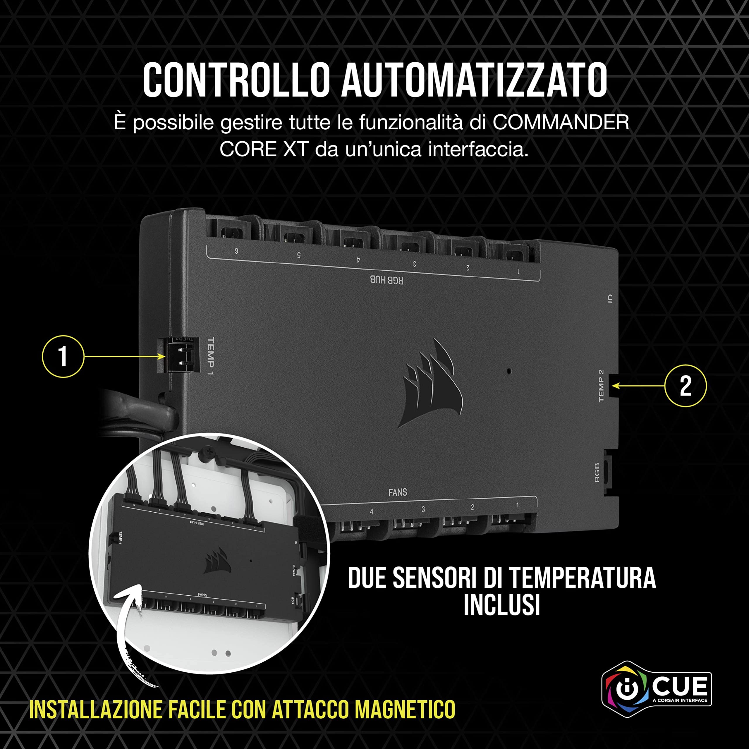 Corsair iCUE COMMANDER CORE XT, Controller digitale per la velocità delle ventole e l'illuminazione RGB (Fino a sei PWM ventole e 264 LED RGB, modalità Zero RPM, monitoraggio temperatura) Nero