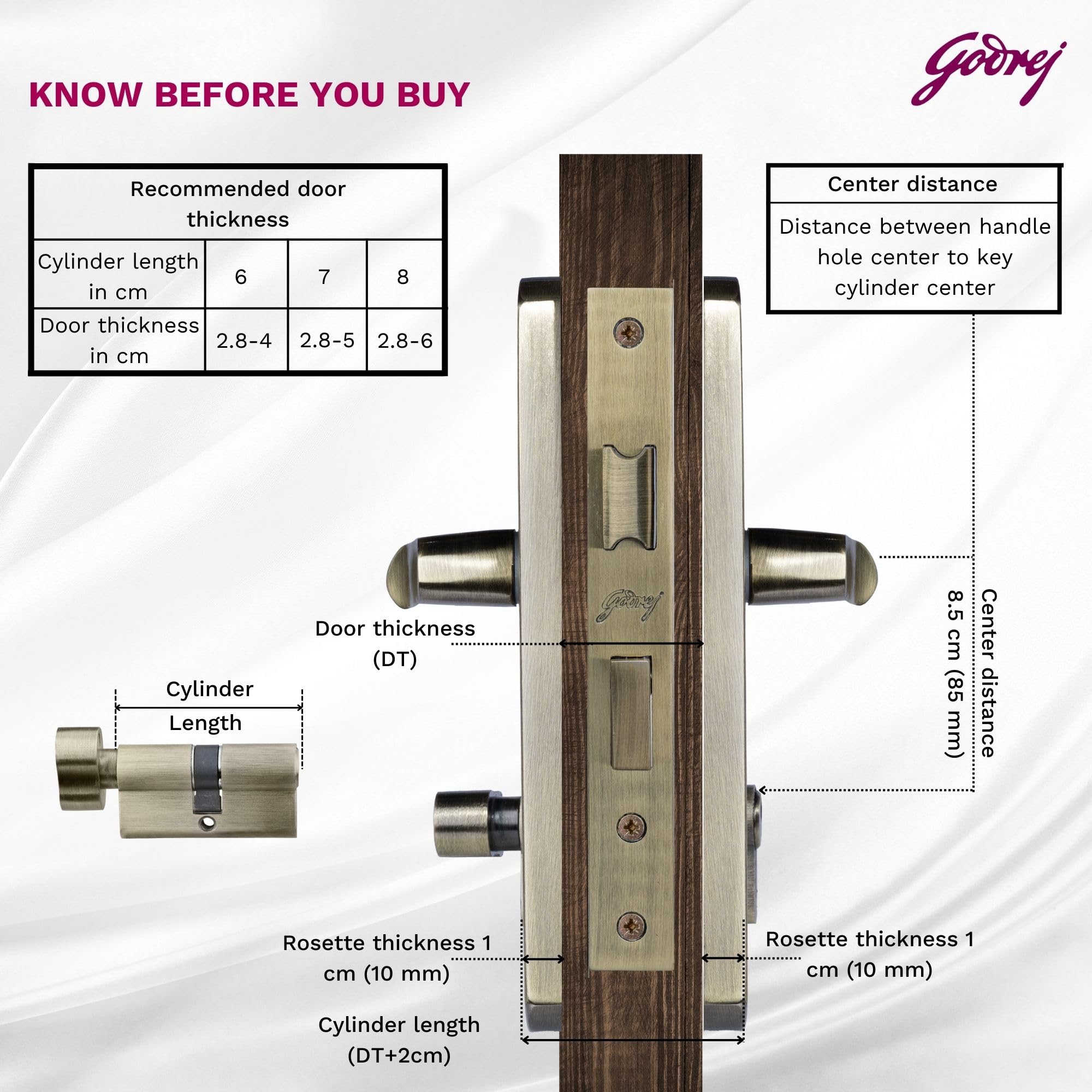 Godrej Mortise Lock I Handle Set 1CK EM01 I Antique Brass Finish I Pin Cylinder Technology I 3 Keys I Double Throw I 5" Handle I Left/Right Handed Door Operation I 1 Year Warranty — Amazon image 6
