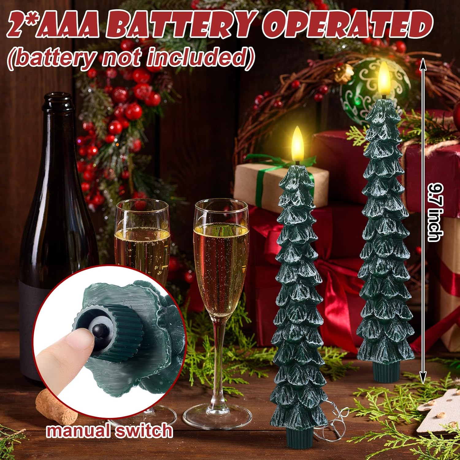 Funtery 12 Pcs LED Flameless Christmas Tree Taper Candles, 9.7" Real Wax Battery Operated Candlestick Lights with Remote Timer and 3D Flickering Flame for Home Decor(Snowy Green,Classic)