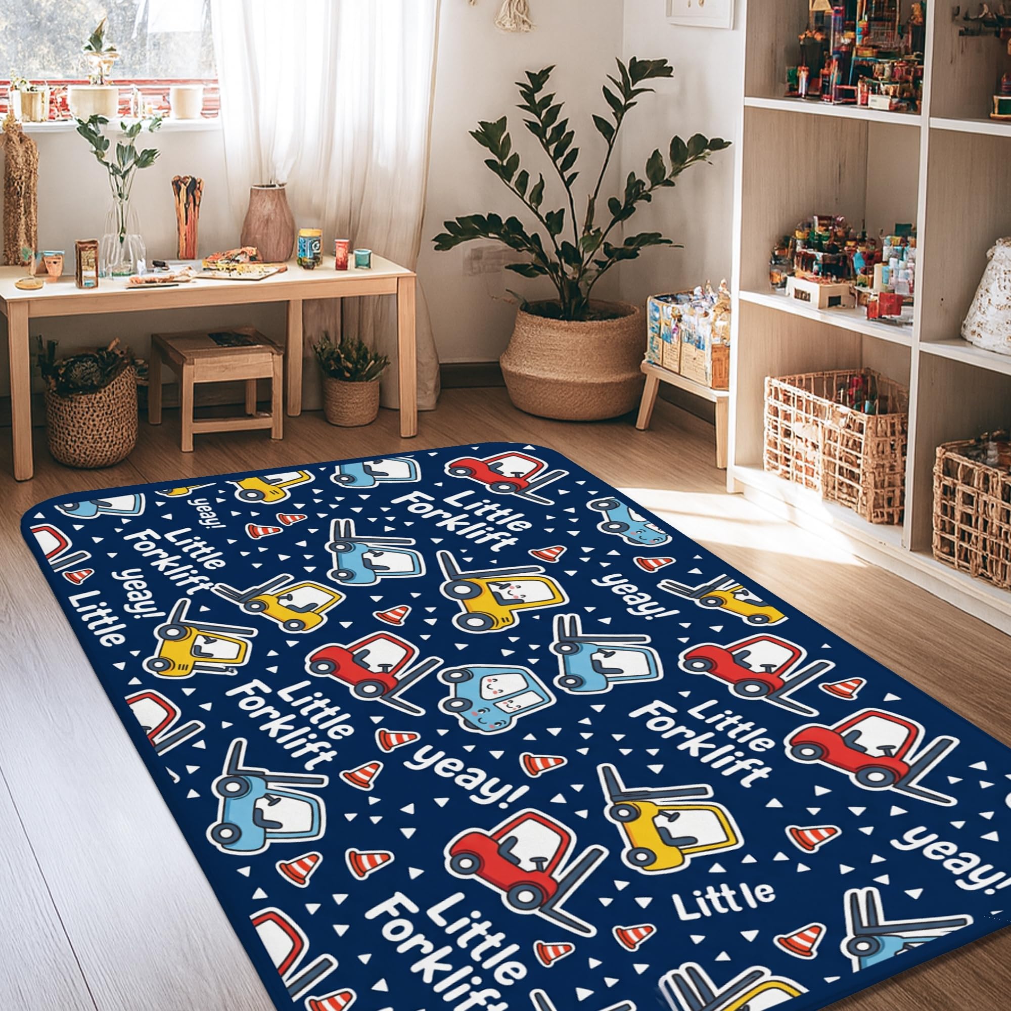 Alfombra de carretilla elevadora divertida para sorprender a niños en su dormitorio