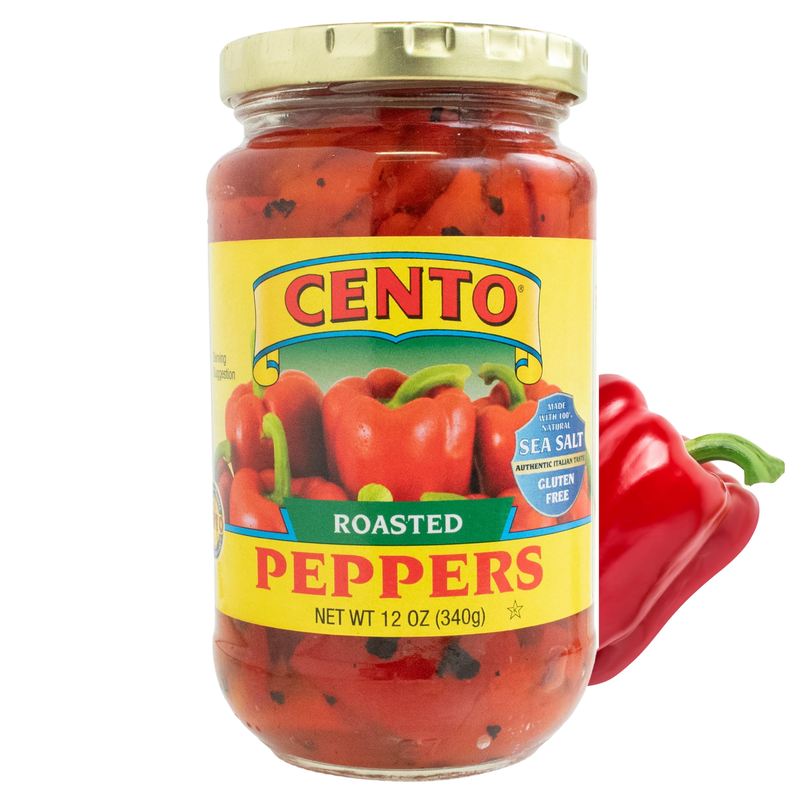 Cento Roasted Peppers - Jarred Fire-Roasted California Red Bell Peppers, Packed in Water with Sea Salt - Gluten-Free, Non-GMO - 12 Oz
