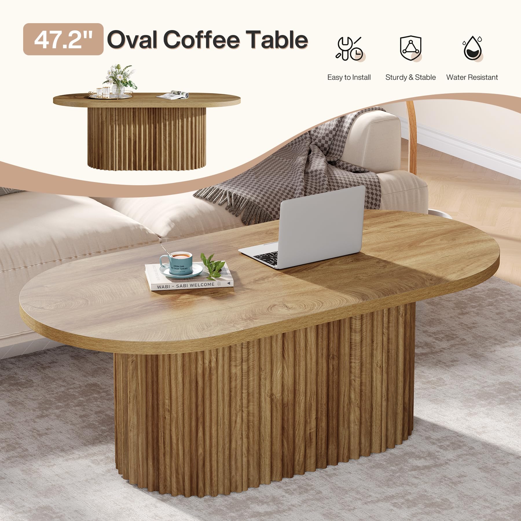 Tribesigns Mesa de Centro Oval, 120 x 60 x 45 cm, Mesa de Salón de Madera, Mesa de Café de Estilo Industrial para Salón, Oficina, Marrón Rústico | Mesa de café, 120 x 60 x 45 cm, mesa de salón, oficina, comedor