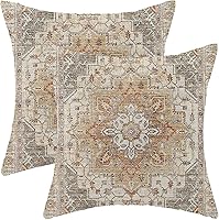 Vista 14 de Juego de 2 fundas de almohada bohemias de 18 x 18 pulgadas a rayas marrones y grises, fundas de almohada decorativas rústicas abstractas de lino