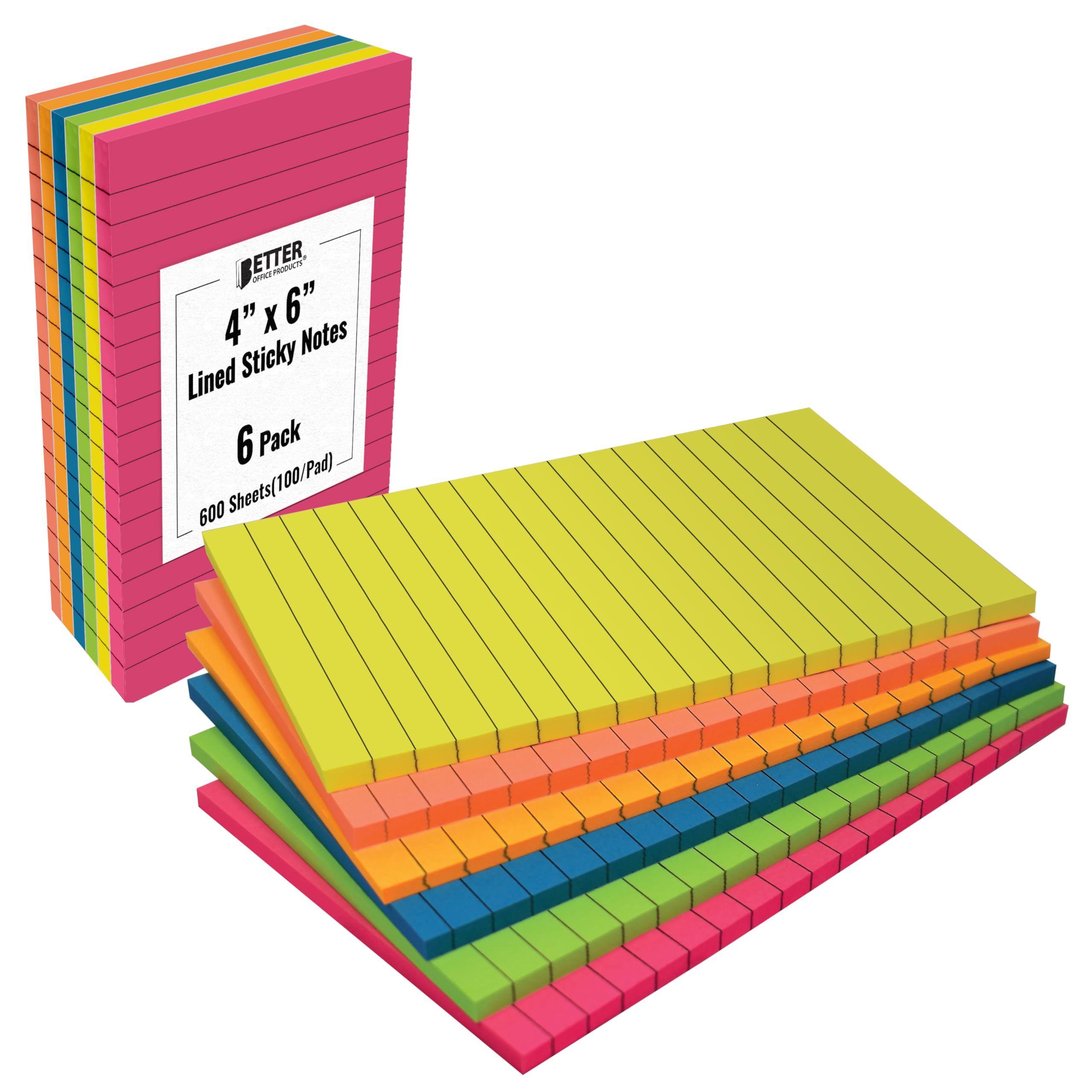 Better Office Products Lined Sticky Notes, 4 x 6, 6 Pack, 300 Sheets (50/Pad), Self Stick Notes with Lines, 6 Bright Assorted Colors, Post Memos, Strong Adhesive, 6 Pads