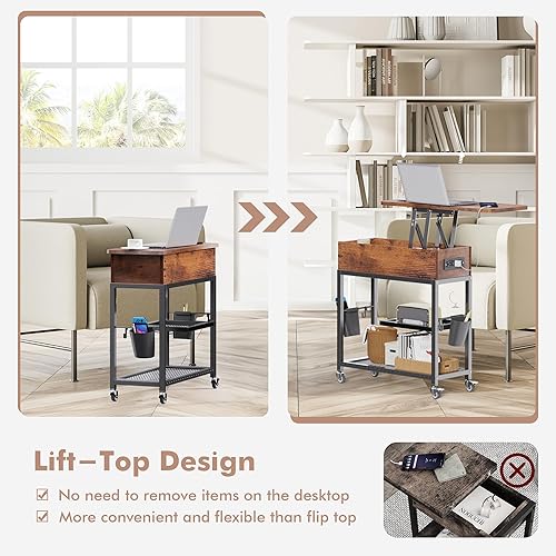 Miniatura 6 de Colima Mesa auxiliar elevable con estación de carga, mesa auxiliar móvil con puertos USB y salidas de CA, almacenamiento oculto, ruedas, mesita de