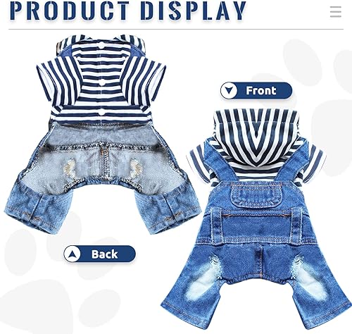 Miniatura 7 de DOGGYZSTYLE Sudadera con capucha para perros y gatos con diseño de rayas pantalones de mezclilla azules trajes de una pieza chaqueta con capucha