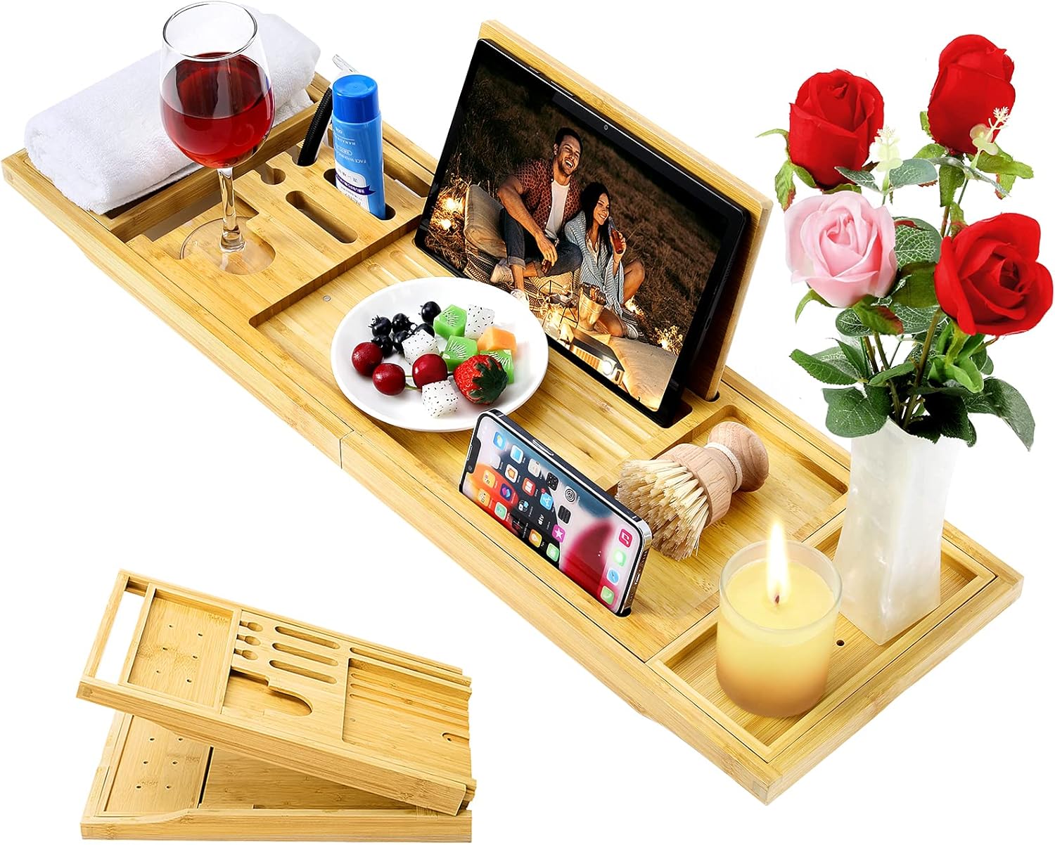 MoKo Foldable Bathtub Tray, Bamboo Bath Tray Expandable