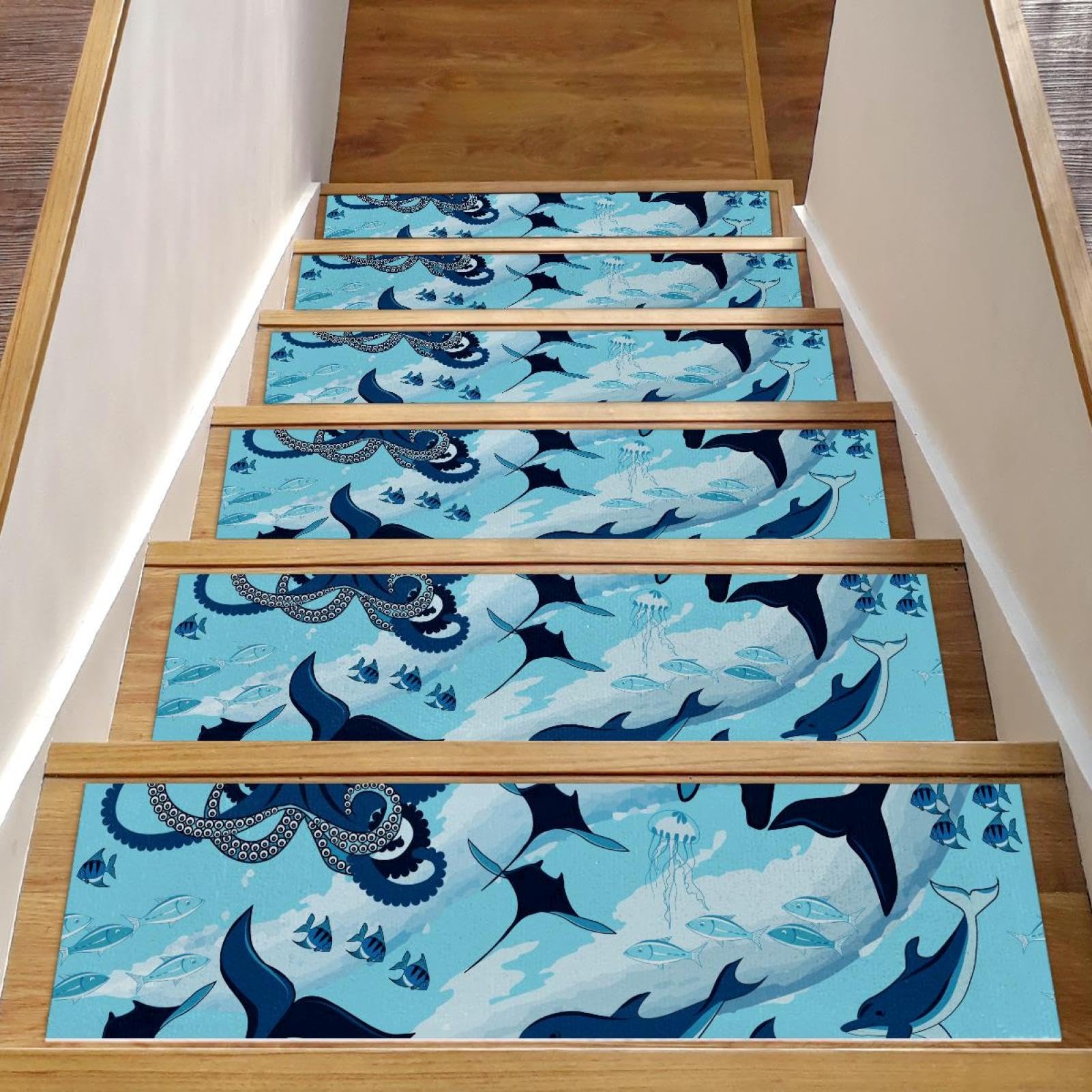 Alfombras para escaleras antideslizantes infantiles tapetes para peldaños madera diseño tiburón azul