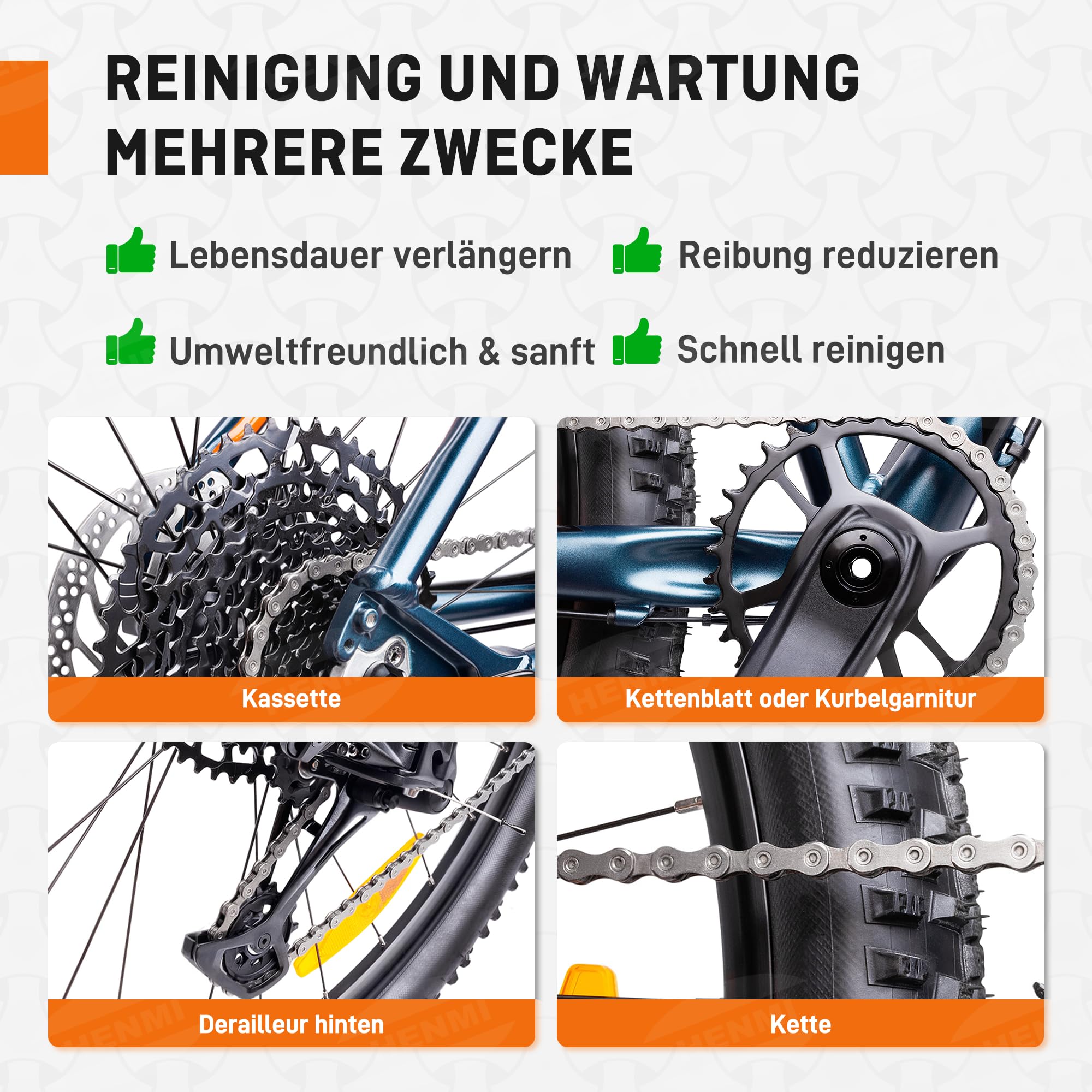 HENMI Fahrrad Reinigungsset, 7 in 1 Kettenreiniger Fahrradkette Set mit Fahrradreiniger 500ml + Fahrradkettenöl 100ml Clean Fit für Fahrradkette/Kurbel/Reifen/Radfahren Ecke Fleck für Alle Fahrräder