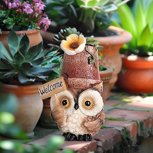 Miniatura 6 de Decoración de búho para estatuas de jardín, bonita figura con letrero de bienvenida para patio, porche, patio, césped, adorno de estante para