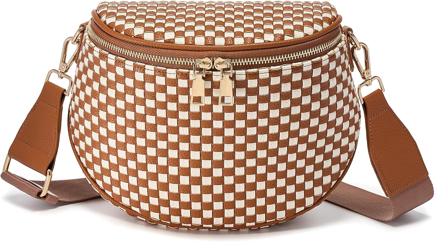 Trendy Woven Checkered Crossbody Bum Bag for Women,PU Leather Checkered Purse Fanny Packs Belt Bag (Woven Bum Bag - Brown White)