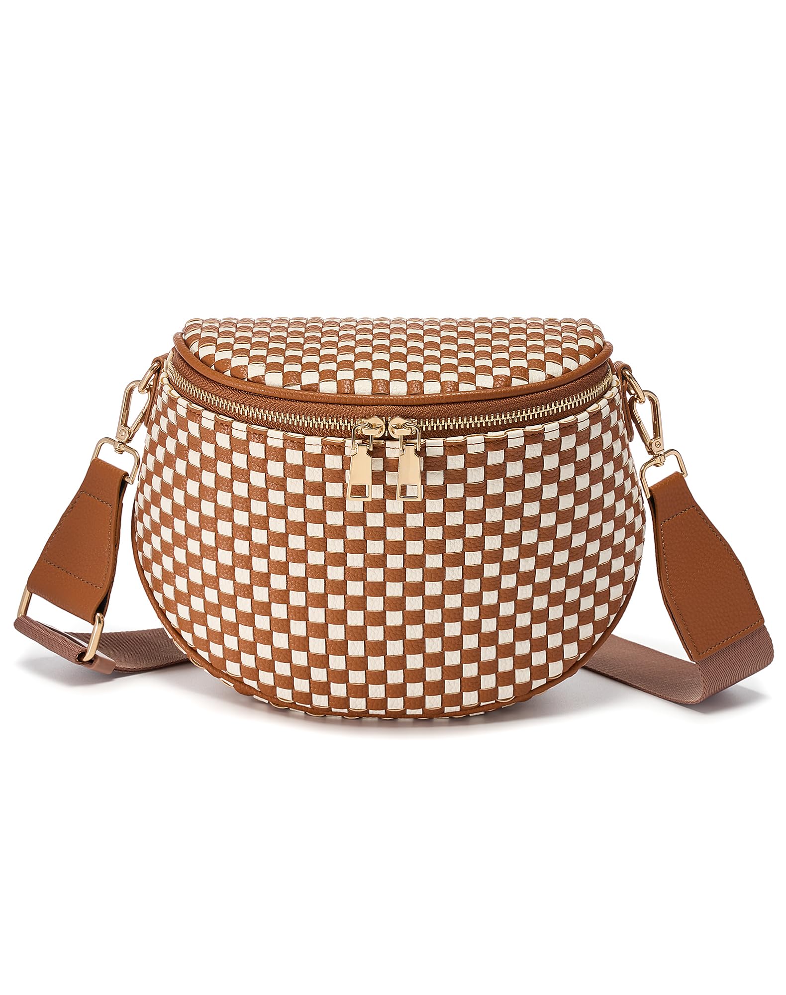Trendy Woven Checkered Crossbody Bum Bag for Women，PU Leather Checkered Purse Fanny Packs Belt Bag (Woven Bum Bag - Brown White)