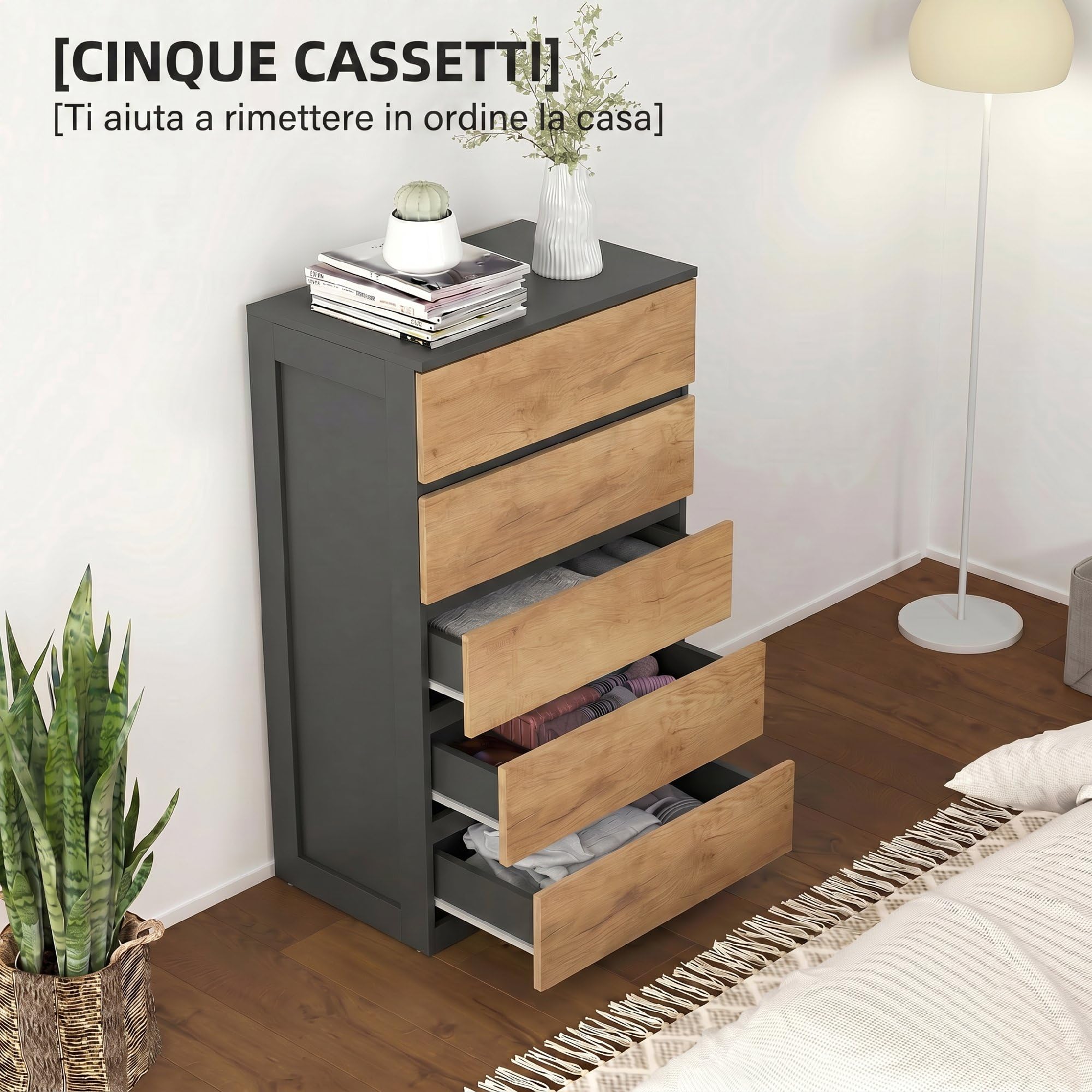 HOMCOM Cajonera dormitorio 5 cajones cómoda 60 x 39 x 100 cm negro roble | Cómoda de madera para dormitorio, sala de estar, comedor, pasillo