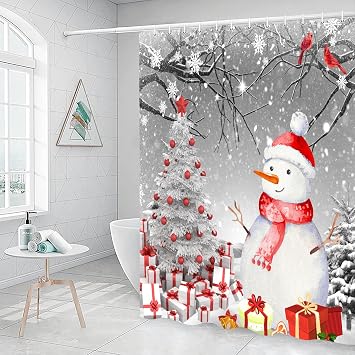 Christmas Shower Curtain, Cute Snowman in Snowy Forest Restroom Curtain, Winter Home Bathtubs Bathroom Curtain Decoration Set 12 Hooks Washable Durable Polyester Fabric