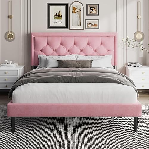 Base de cama de plataforma de tamaño matrimonial con cabecera de terciopelo, base de colchón tapizada moderna con soporte de listones de madera, no