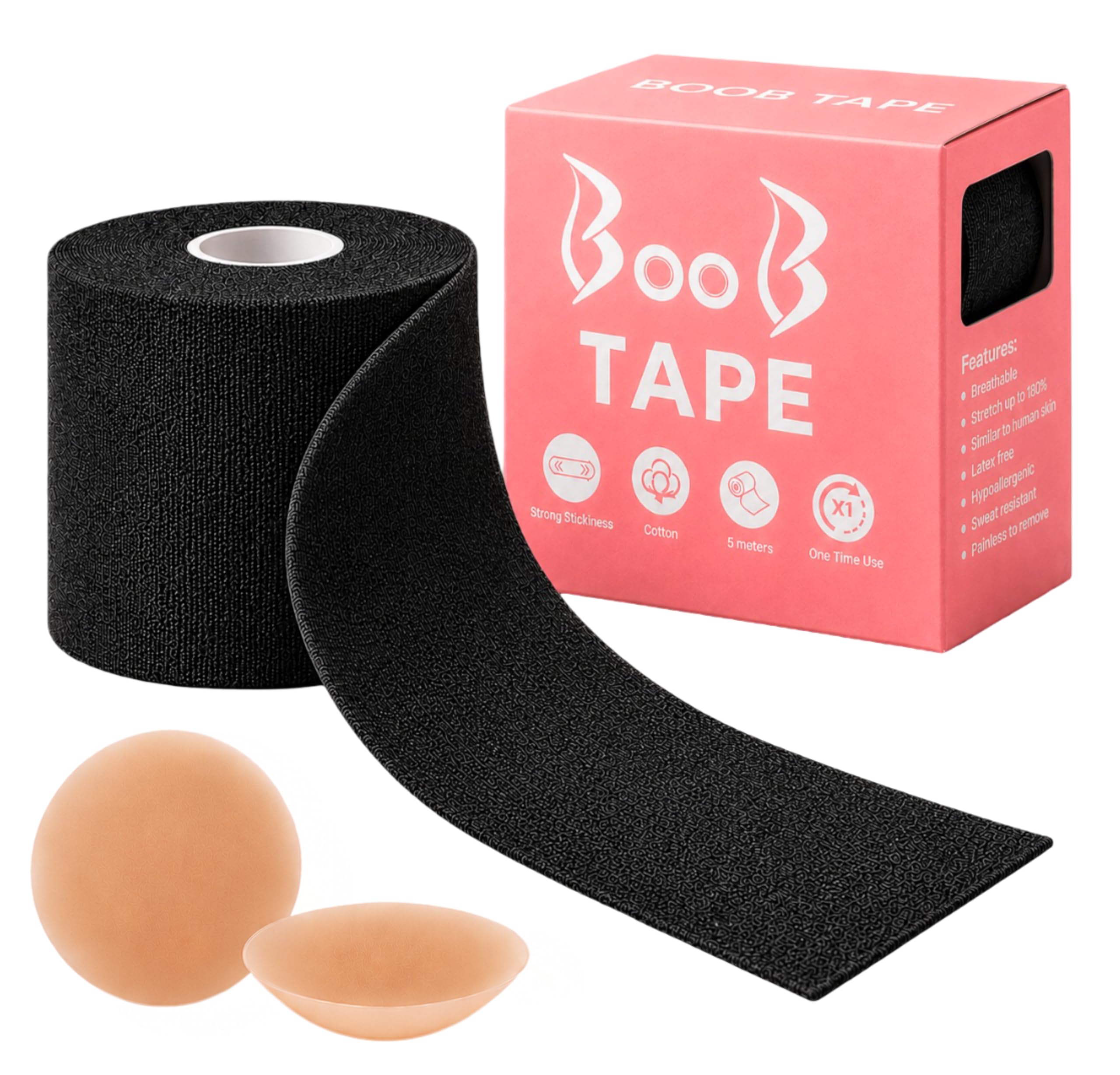 Aurenic Women's Black 5M Boob Tape With 2 Silicone Nipple Covers, Bob Tape Roll For Large Breasts Lift, Stretchable Boobtapes For Strapless Outfits (Black)