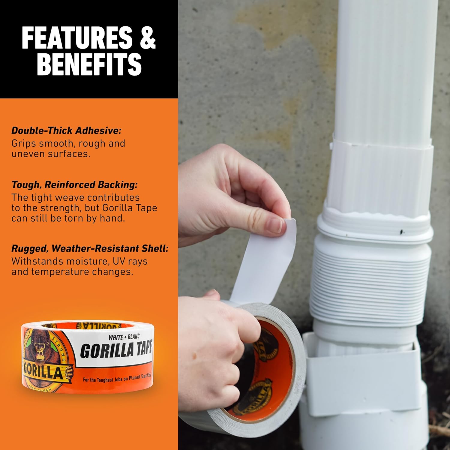 Gorilla Tape, Duct Tape, Utility Tape, Triple Layer Strength, Indoor & Outdoor, Weather Resistant Shell, 1.88 in x 10 yd, White, (Pack of 1) - Image 4