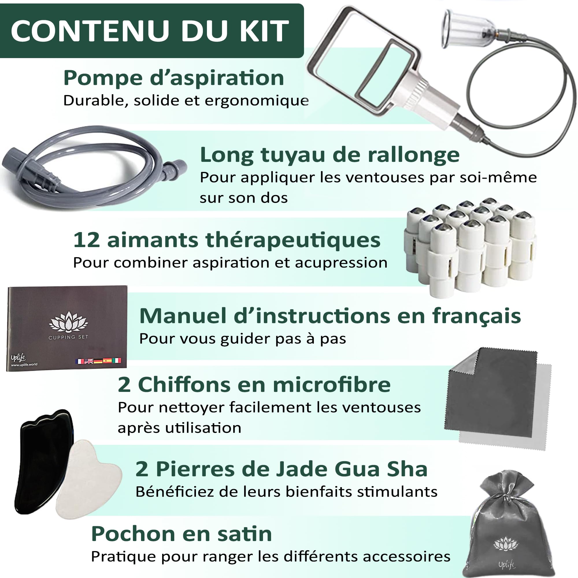 Uplife Kit de 24 Ventouses Thérapeutiques -Instructions en Français- Ventouses Chinoises et Kiné pour Massage Anti Cellulite et Cupping - Ventouses Dos et Kinesithérapie - Kit Hijama Professionnel