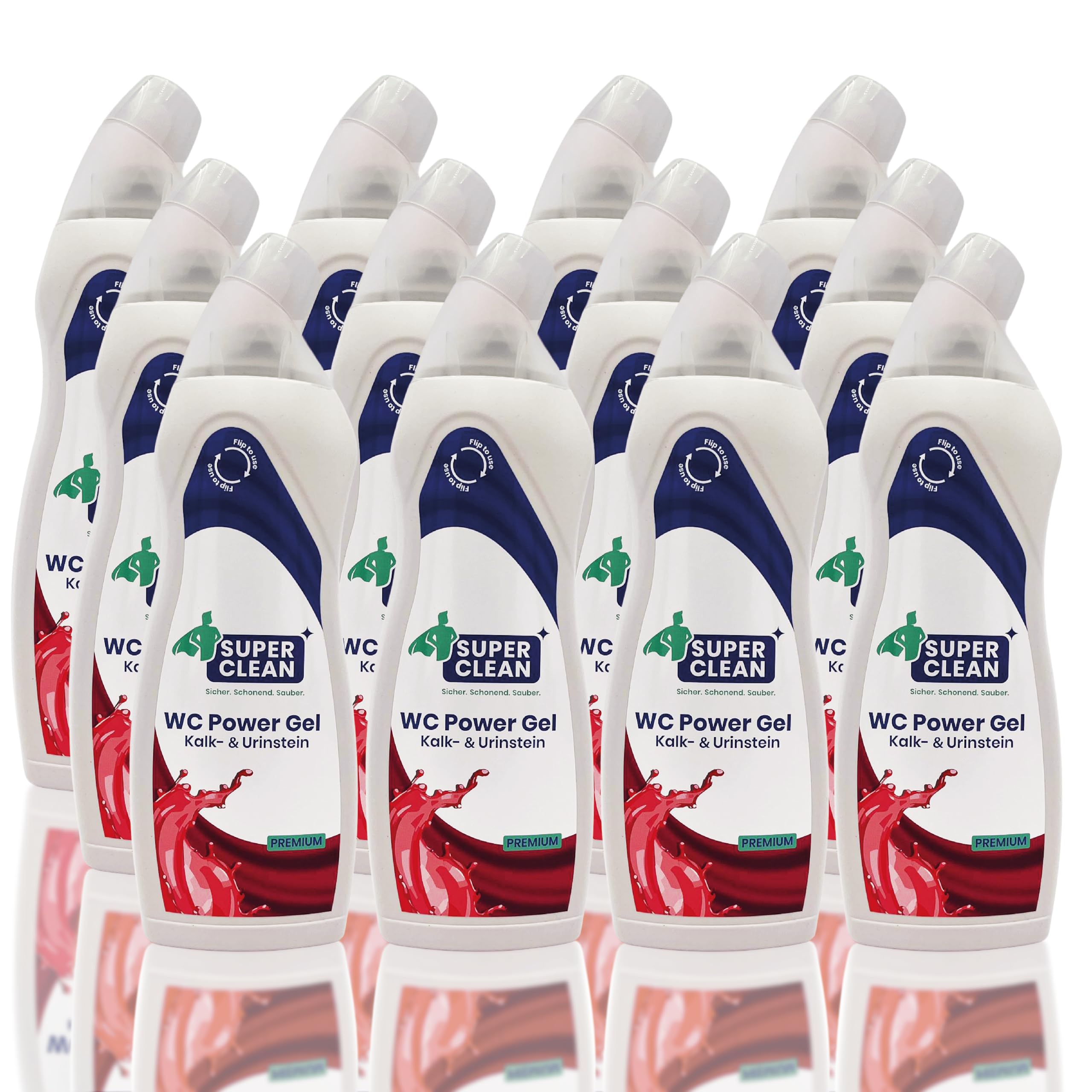 SUPER CLEAN WC Power Gel 12 x 750 ml – Limpiador de inodoro premium contra cal y piedra de orina – Gel de inodoro adhesivo con aroma a cereza – Suave y sin marcado GHS – Fabricado en Alemania