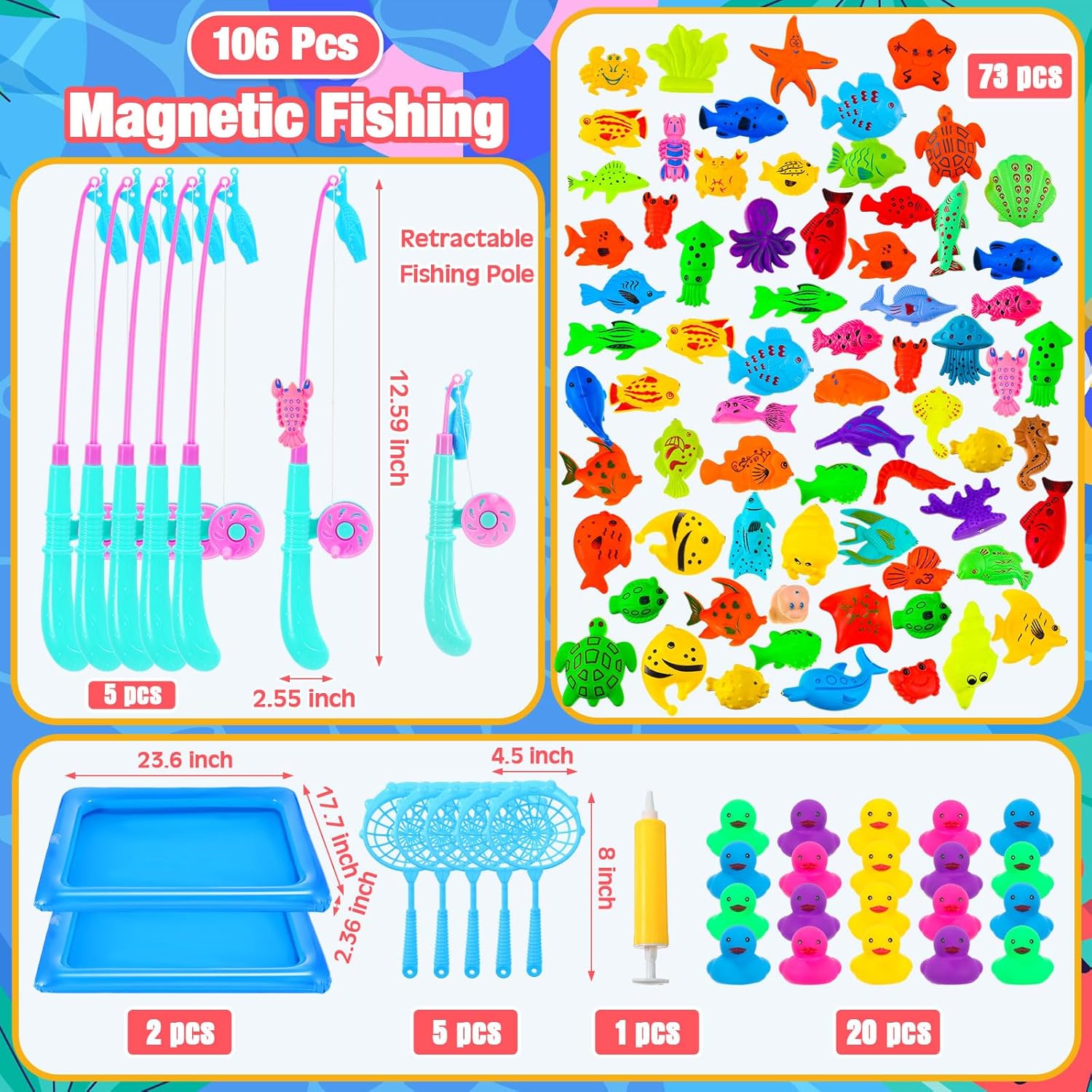 Leyndo 106 Pcs Magnetic Fishing Toys Game Set for Kids 3-6, Includes Fishing Poles, Fish Tanks, Fish Nets, Inflatable Pump, Sea Animals and Rubber Ducks for 5 Players Gifts Summer Pool Party Bath Toys