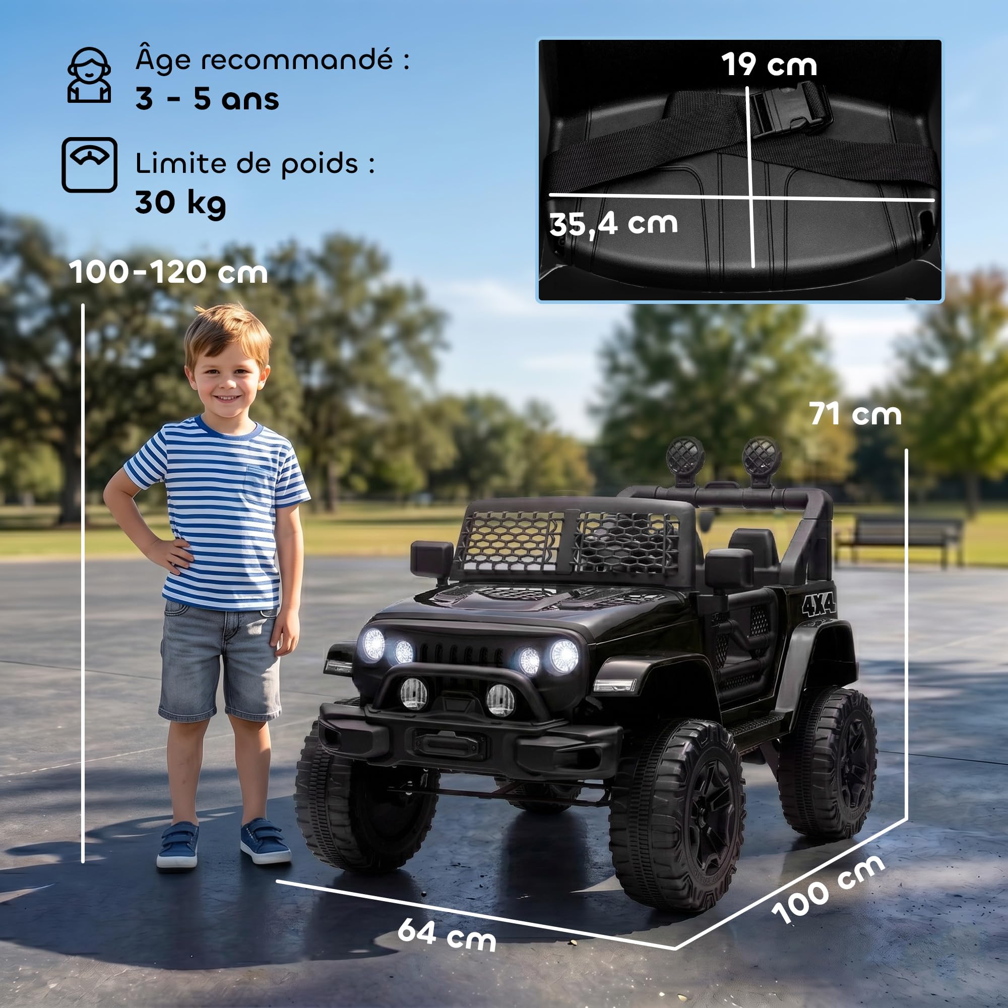 HOMCOM Voiture Électrique Enfant 4x4 12V avec Phare et Klaxon à Distance 3-6 Ans Noir