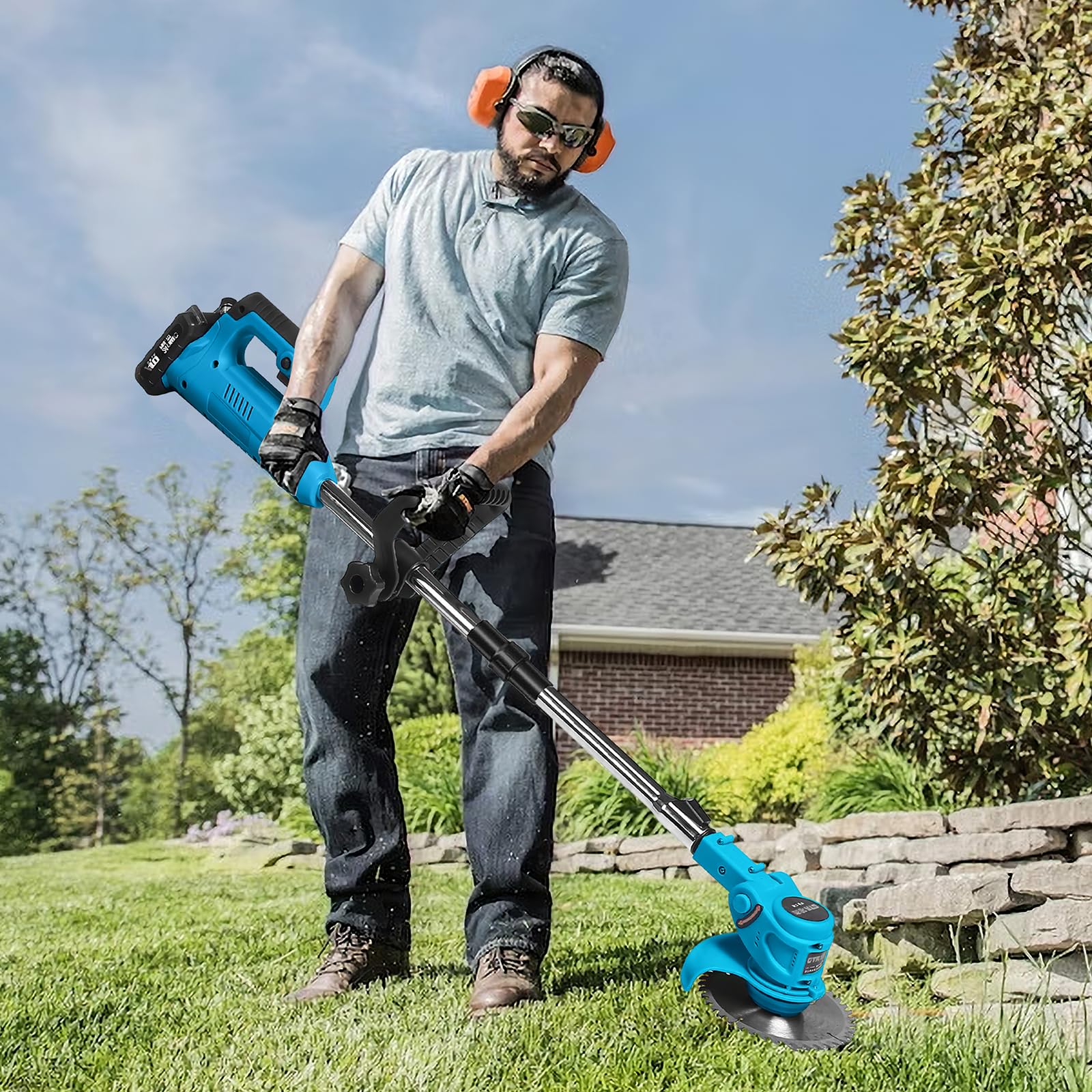 Débroussailleuse électrique portable avec 2 batteries – 800 W & 21 V puissante, design de chute, tige télescopique (90-120 cm), chargeur de 15 cm de diamètre, 8 lames – Idéal pour jardin, cour