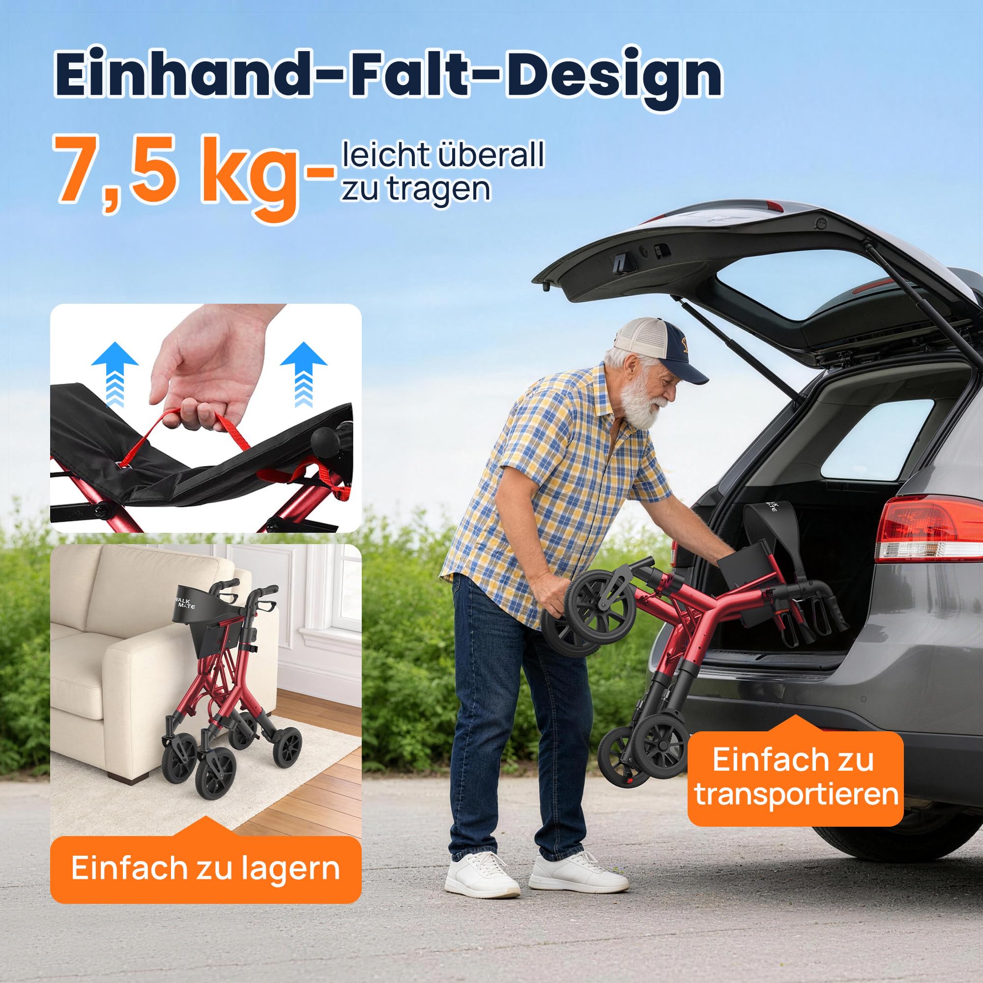 WALK MATE Rollator Faltbar und Leicht mit Sitz für Große Menschen bis 2m | Rollatoren Schmal für Wohnung,Höhenverstellbar,25cm Reifen und Versteckten Bremskabeln für Senioren,Drink Holder, Aluminium