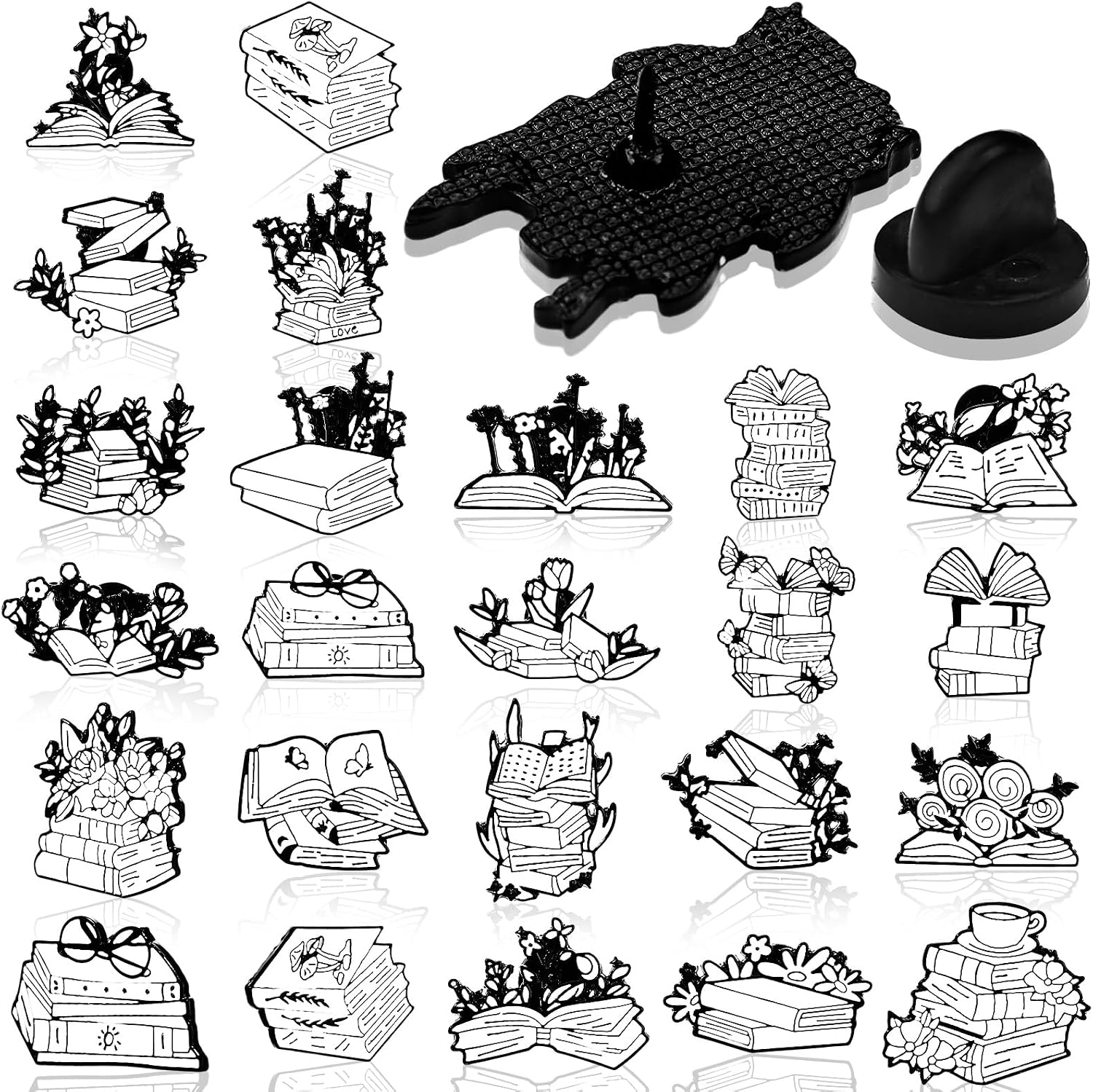 12/24/48 Pcs Book Enamel Pins Skull Flower Bookish Pin Bulk for Backpack Hats Decorative Book Club Gifts for Women Men Bookworms Librarians Students Books Lover Collector