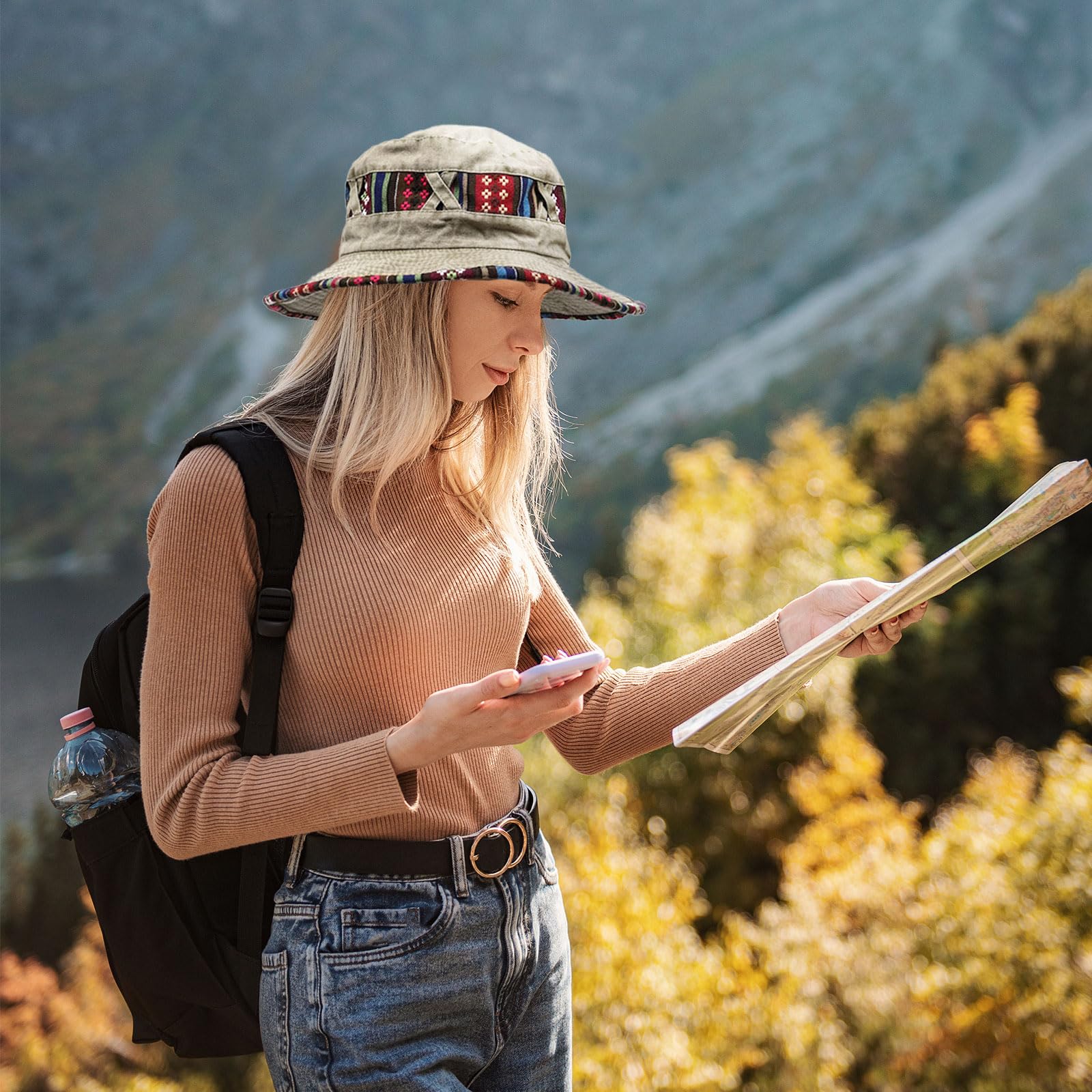 Feng Shui， Chapeau de Soleil d'été, Chapeau de Safari, Pliable, Protection UV, imprimé, Chapeau de pêche, de randonnée, de Marche, avec mentonnière réglable pour Homme et Femme (Kaki)