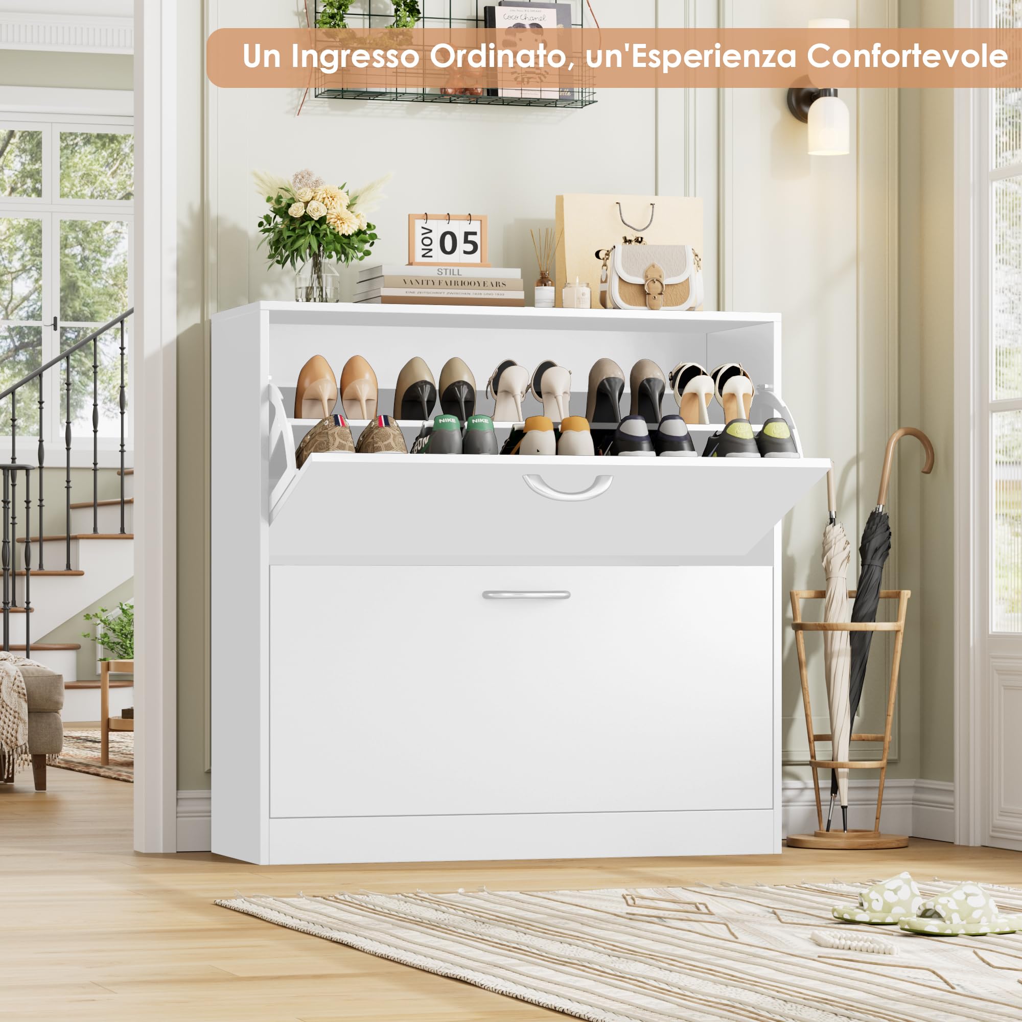 FirFurd Scarpiera Portascarpe,Scarpiera Slim Salvaspazio con 2 Ante a Ribalta,Divisore Regolabile e Rimovibile,per 12 Paia di Scarpe 80x23.5x80cm Bianco