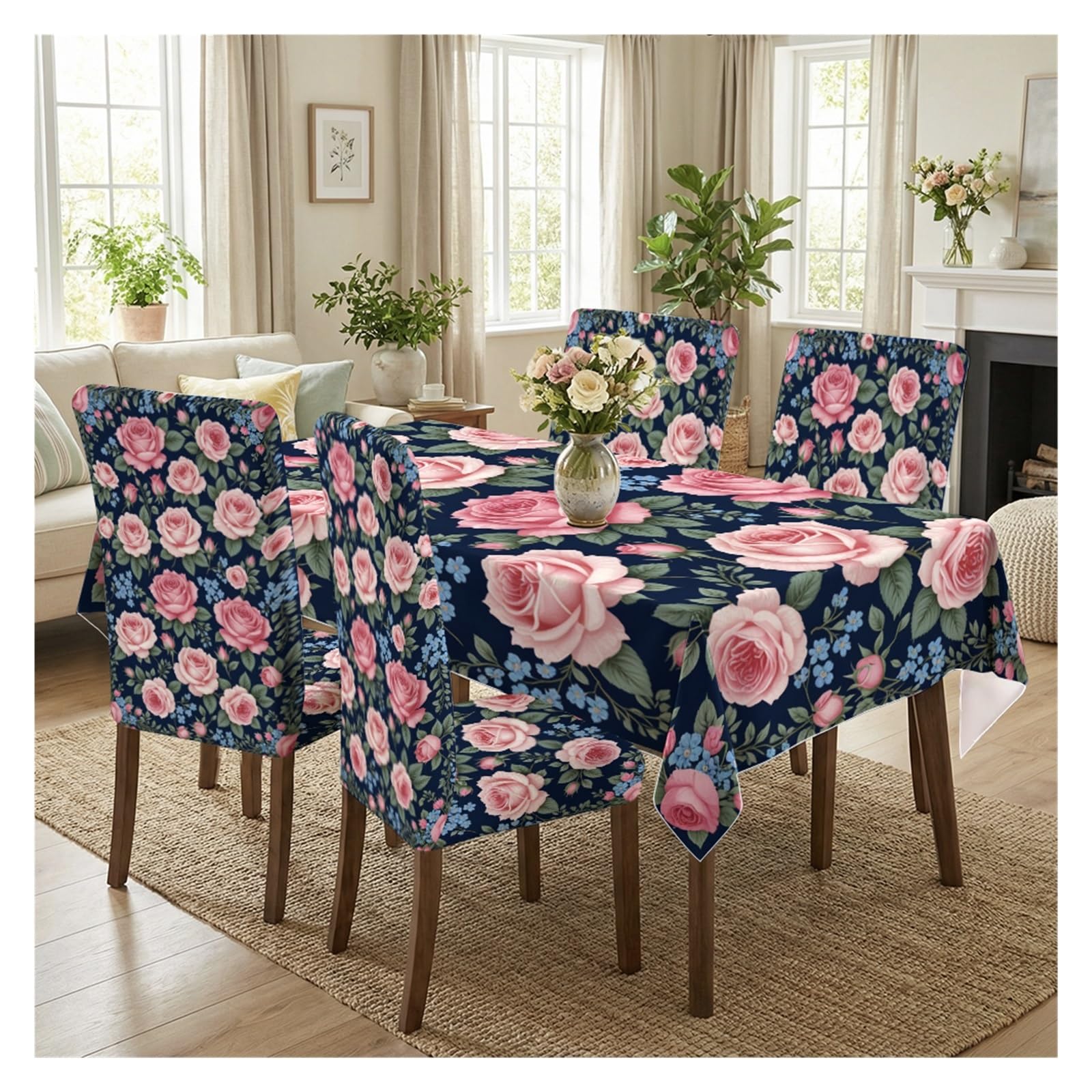 KXUAUV French Country Pink Rose Floral Print Stretch Chair Covers & Tablecloth Set, For Farmhouse Kitchen Dining Decor, 5/7 Pack Party Decor(5pcs Set: Tablecloth+Chair Covers)