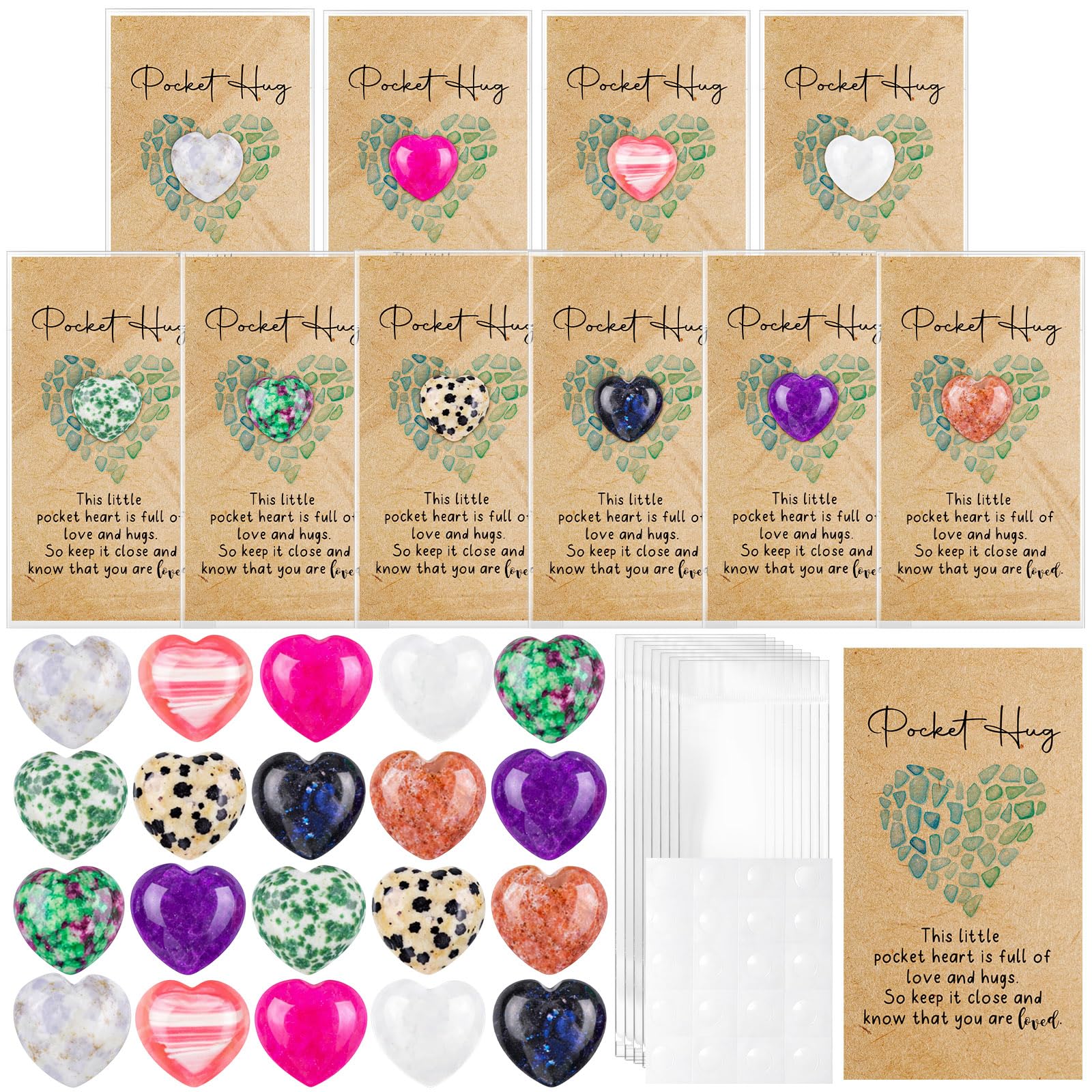 Nosiny 30 Sets Heart Stones Bulk Mother's Day Gift for Women Pocket Hug Token 0.8'' Natural Heart Crystals and Healing Stones with Card Employee