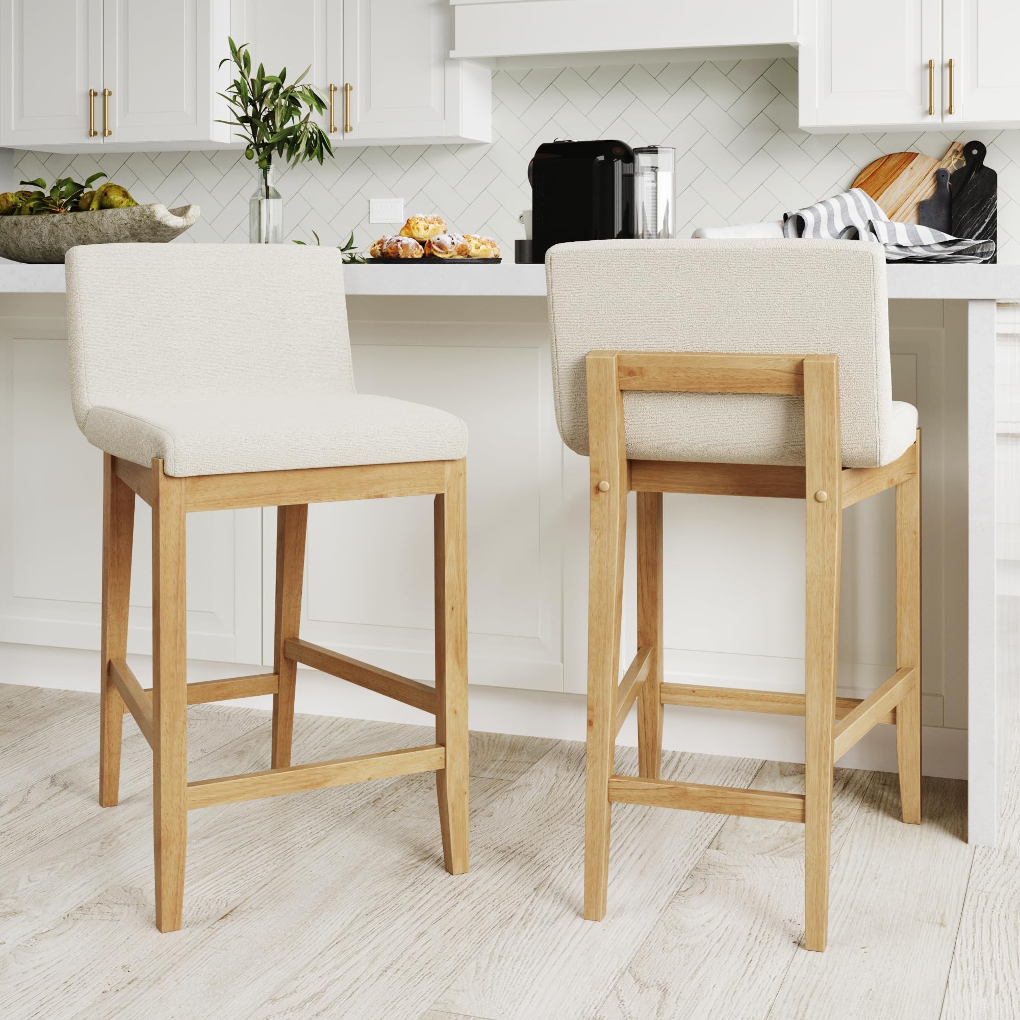 Nathan James Gracie Modern Counter Height Bar Stool with Back, Counter Stool Upholstered Chair with Natural Textured Linen and Brushed Wooden Legs, Cream Boucle/Light Brown, Set of 2