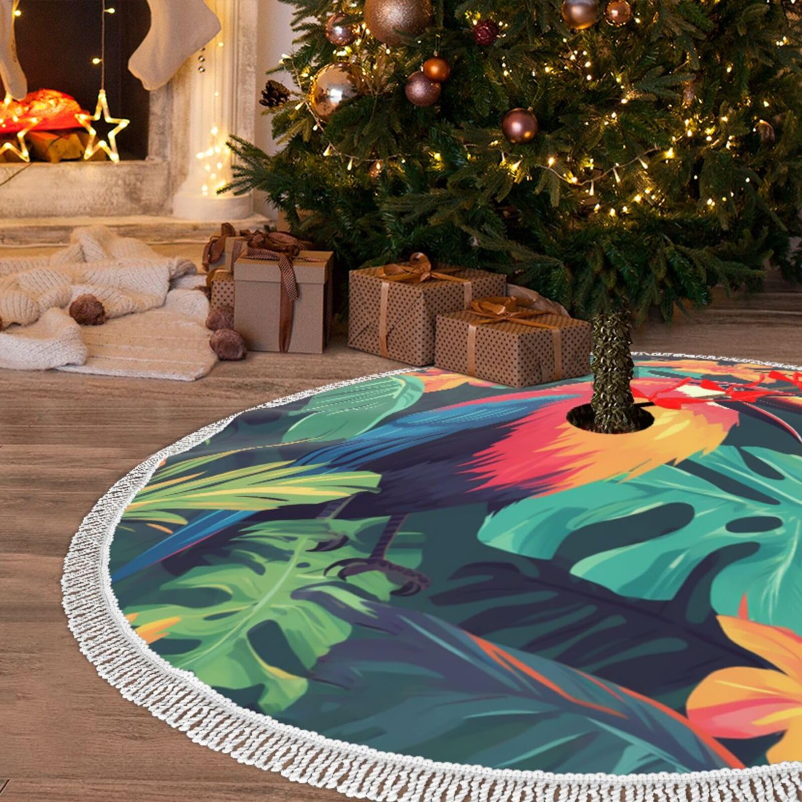 Jupe de sapin de Noël 122cm avec pompons Aloha pour une fête tropicale en famille