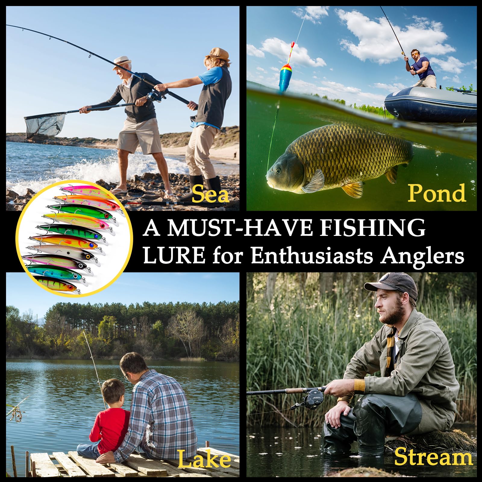 Kit Señuelos Pesca con Ojos 3D Realistass - Cebos Artificiales para Black Bass, Calamar y Trucha - Pesca Accesorios con Anzuelos Trebles Afilados y Efecto Luminiscente - Ideal para Mar, Río y Lago