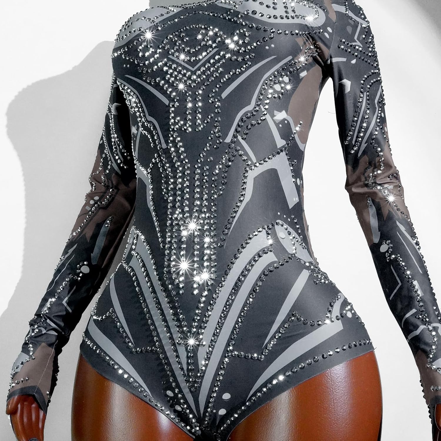 Youmeisha Sparkle Rhinestones Women Long Sleeve Bodysuit for Dancer Stage Show Leotard Birthday Party Prom Club Bar Costumes