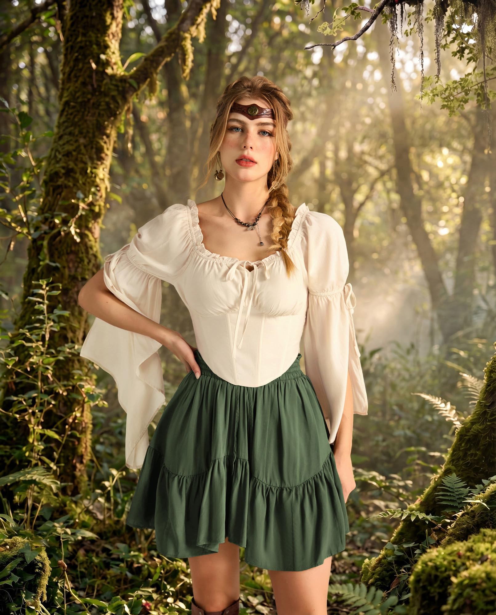 SCARLET DARKNESS Damen Renaissance Corset Top Langarm Korsett Piraten Bluse | Schulterfreies Oberteil, Glockenärmel mit Schlitz, Gesmokte Taille, Korsett Oberteil, Mittelalter Kleidung, Piratenkostüm