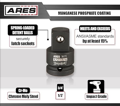 Miniatura 5 de ARES Adaptador de enchufe de impacto M de 12 pulgada F a 34 pulgadas y juego de juntas universales de impacto. Construcción de cromo Moly supera los