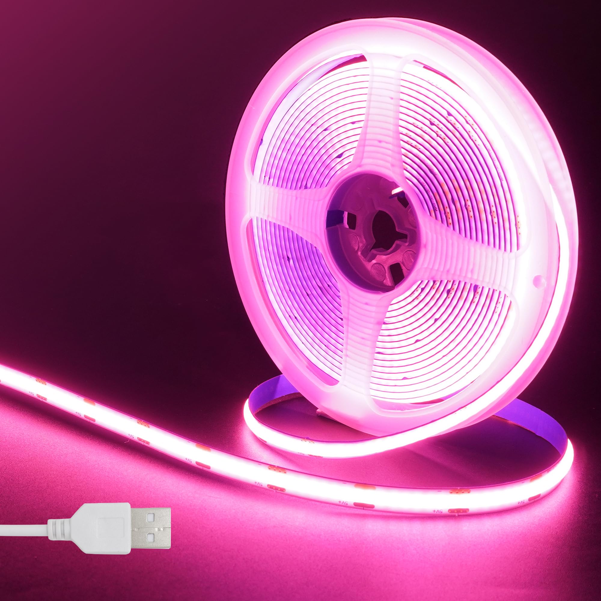 Clearhill 5V USB COB LED Strip Lights,16.4FT/5M,Pink,320LEDs/M,8mm Width,Not Waterproof IP20,1M USB Cable,Flexible LED Tape Light for DIY Home Indoor Decoration