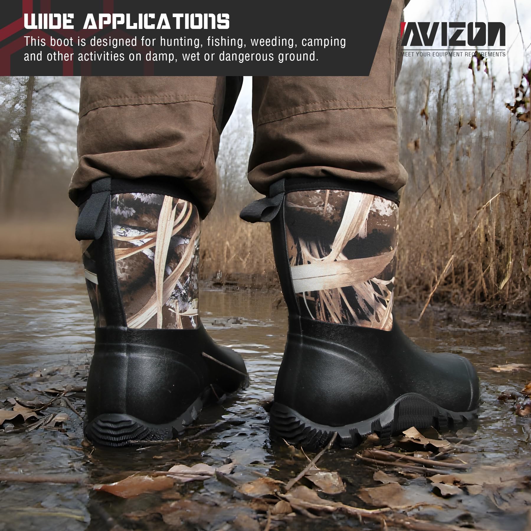 Avizon Stivali in neoprene impermeabili da uomo semi-gomma stivali con suola antiscivolo per agricoltura caccia e uso esterno nero/mimetico