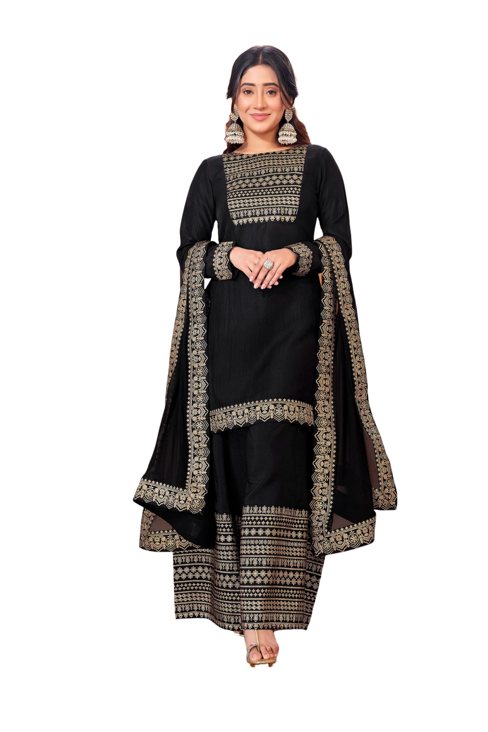 Sanisa Women's Chinnon Foil Printed Straight Kurta With Pant And Foil Printed Lace Work Dupatta (54Kbd633Nz-M_Black)